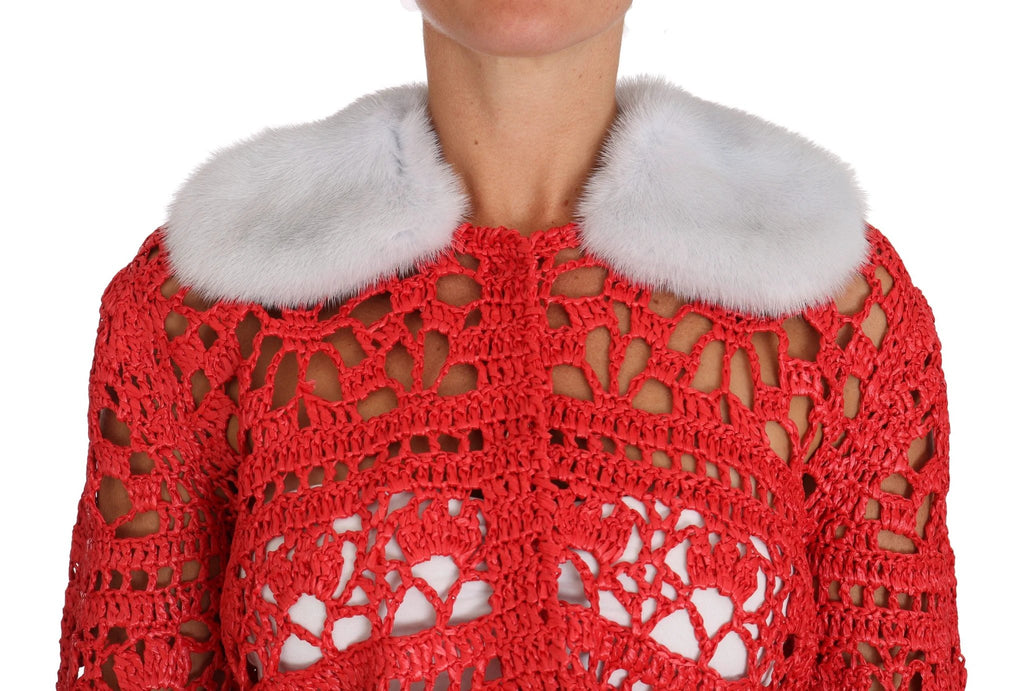 Dolce & Gabbana Red Cardigan Crochet Knit Raffia Sweater by Dolce & Gabbana