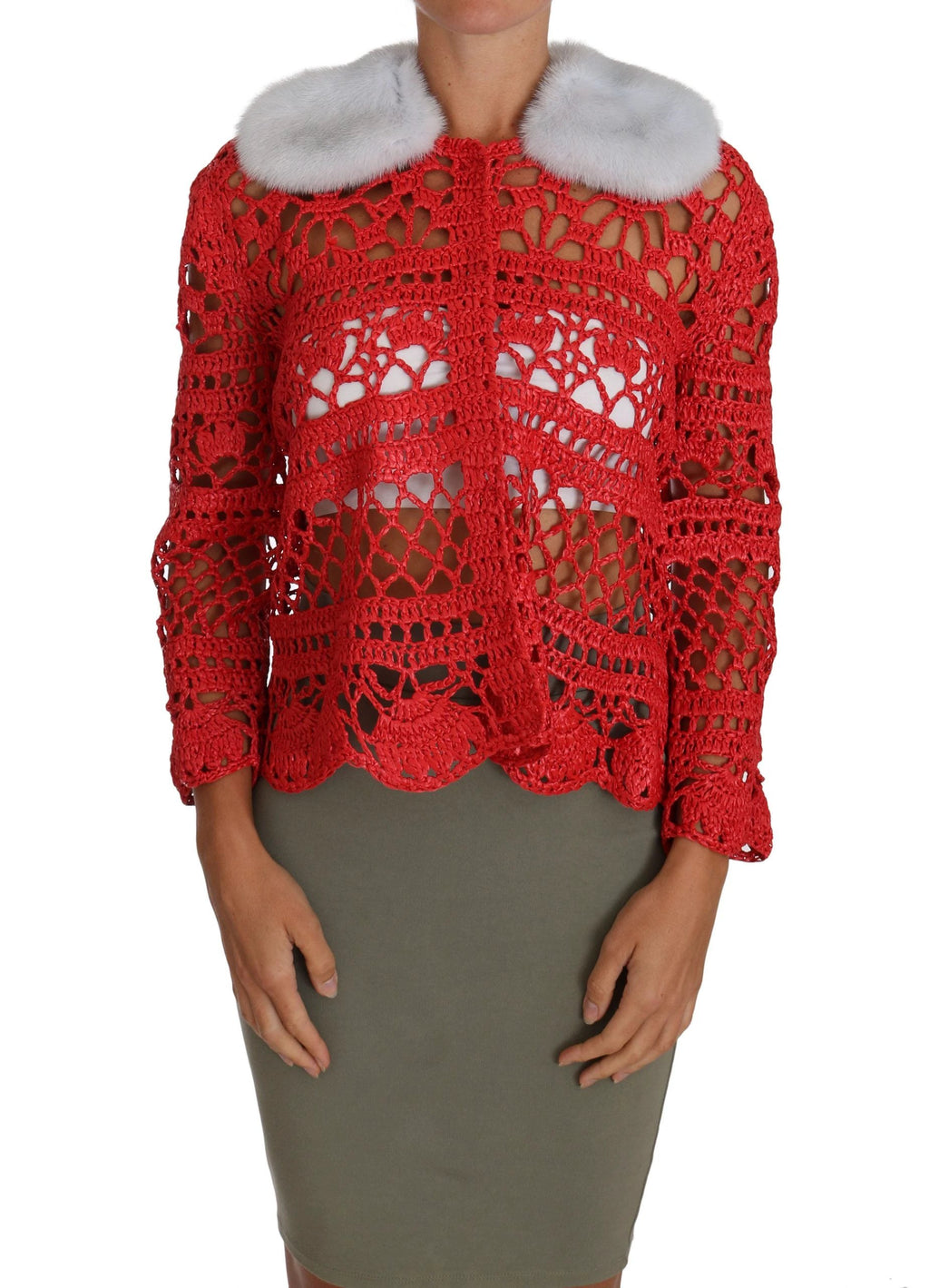Dolce & Gabbana Red Cardigan Crochet Knit Raffia Sweater by Dolce & Gabbana