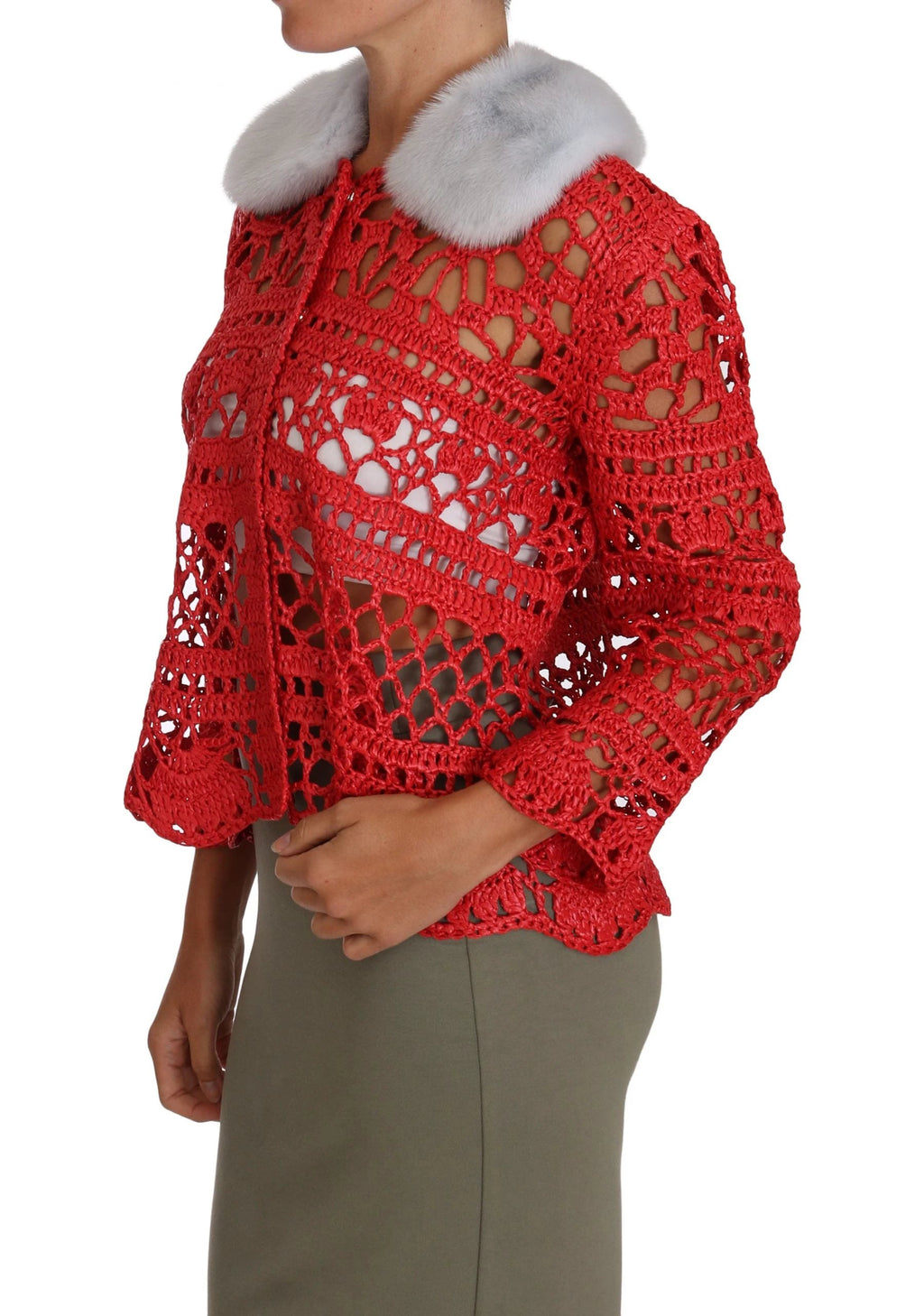 Dolce & Gabbana Red Cardigan Crochet Knit Raffia Sweater by Dolce & Gabbana