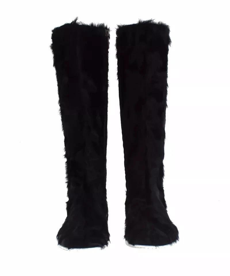 Dolce & Gabbana Black Xiangao Lamb Fur Leather Boots Shoes by Dolce & Gabbana