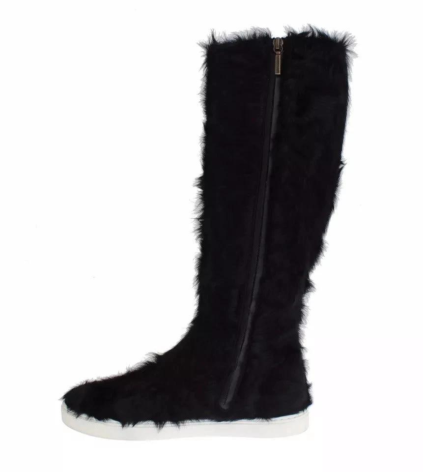Dolce & Gabbana Black Xiangao Lamb Fur Leather Boots Shoes by Dolce & Gabbana