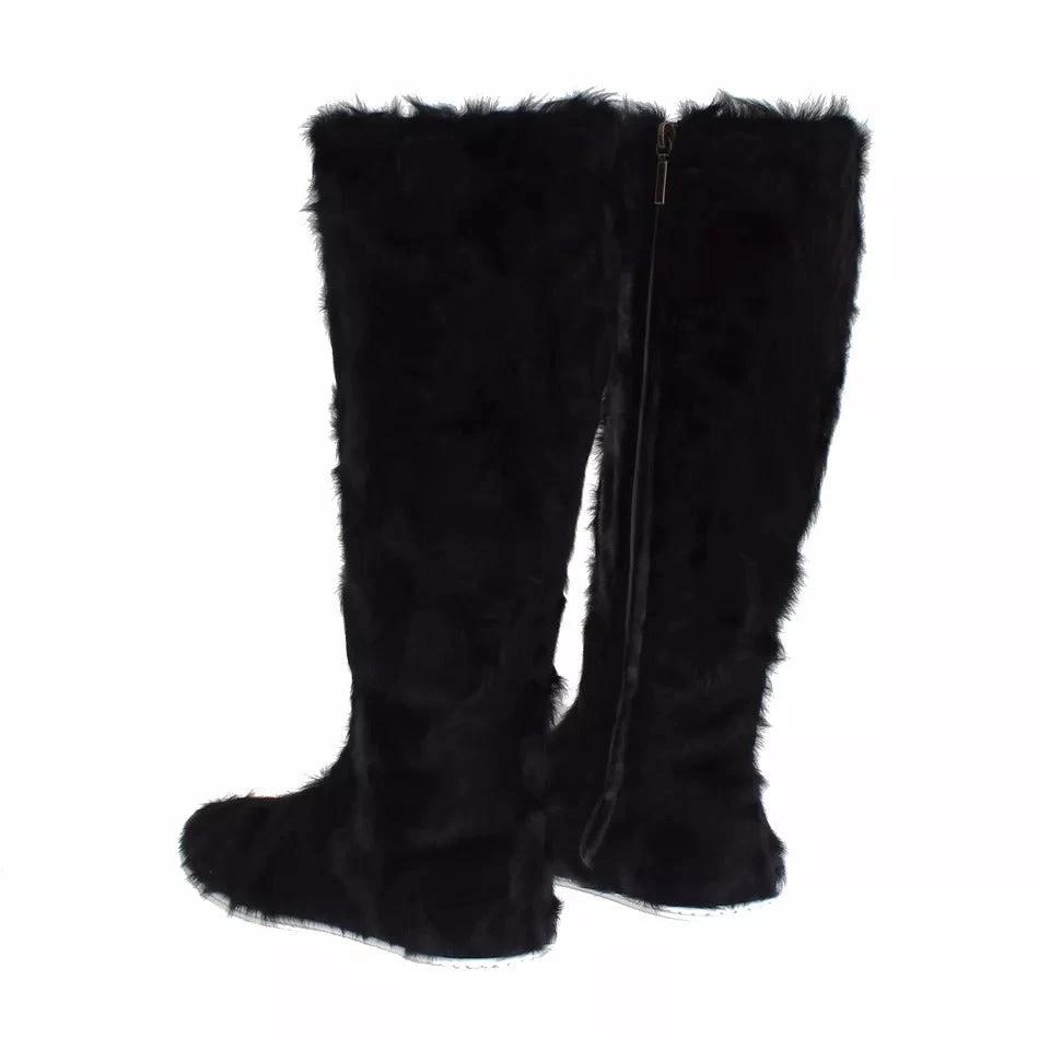 Dolce & Gabbana Black Xiangao Lamb Fur Leather Boots Shoes by Dolce & Gabbana
