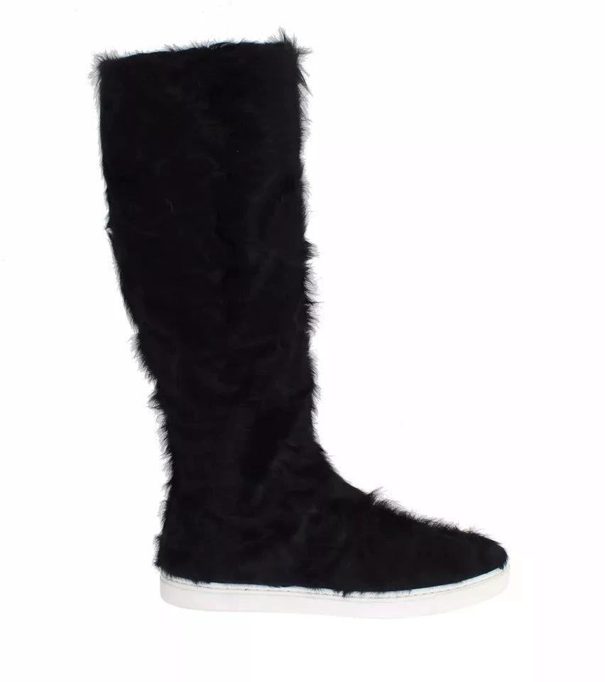 Dolce & Gabbana Black Xiangao Lamb Fur Leather Boots Shoes by Dolce & Gabbana