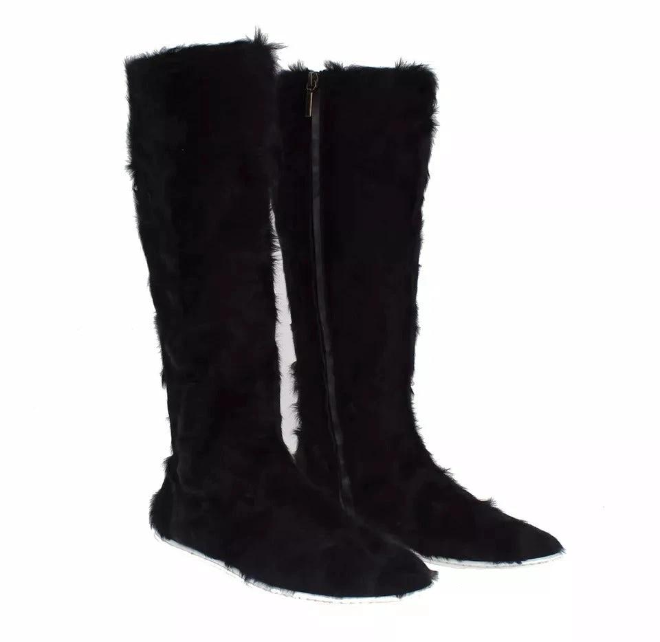 Dolce & Gabbana Black Xiangao Lamb Fur Leather Boots Shoes by Dolce & Gabbana
