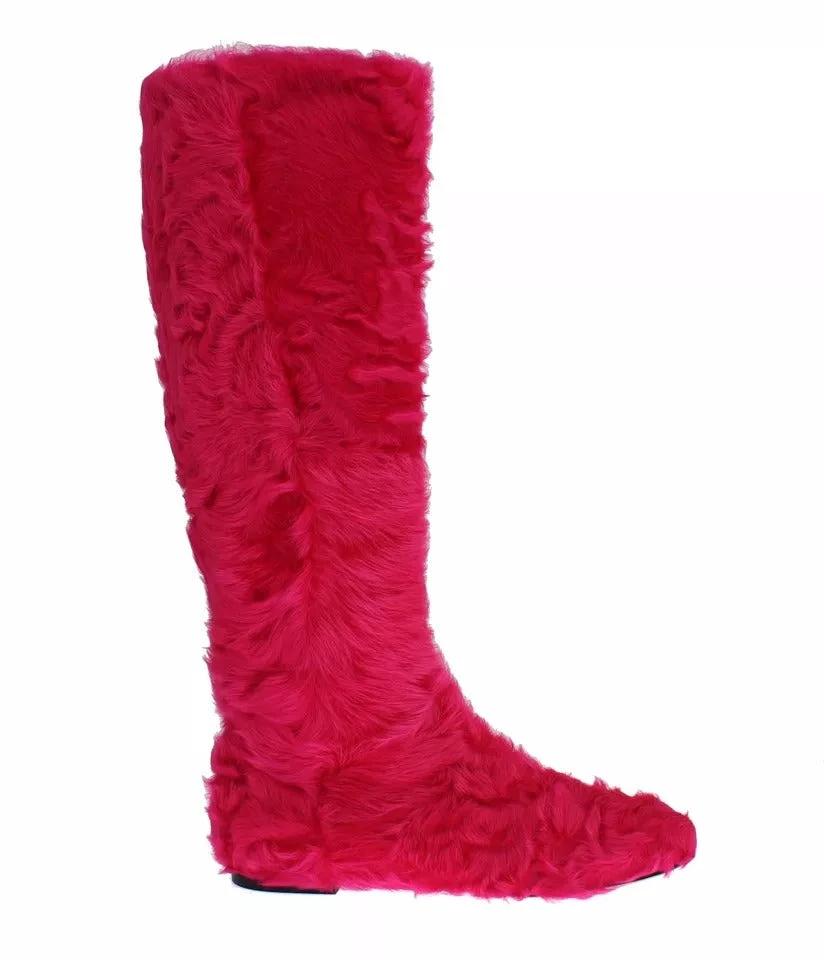 Dolce & Gabbana Pink Lamb Fur Leather Flat Boots Shoes by Dolce & Gabbana