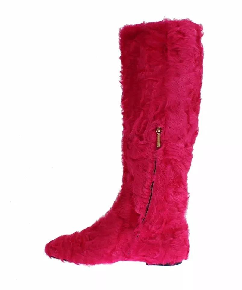 Dolce & Gabbana Pink Lamb Fur Leather Flat Boots Shoes by Dolce & Gabbana