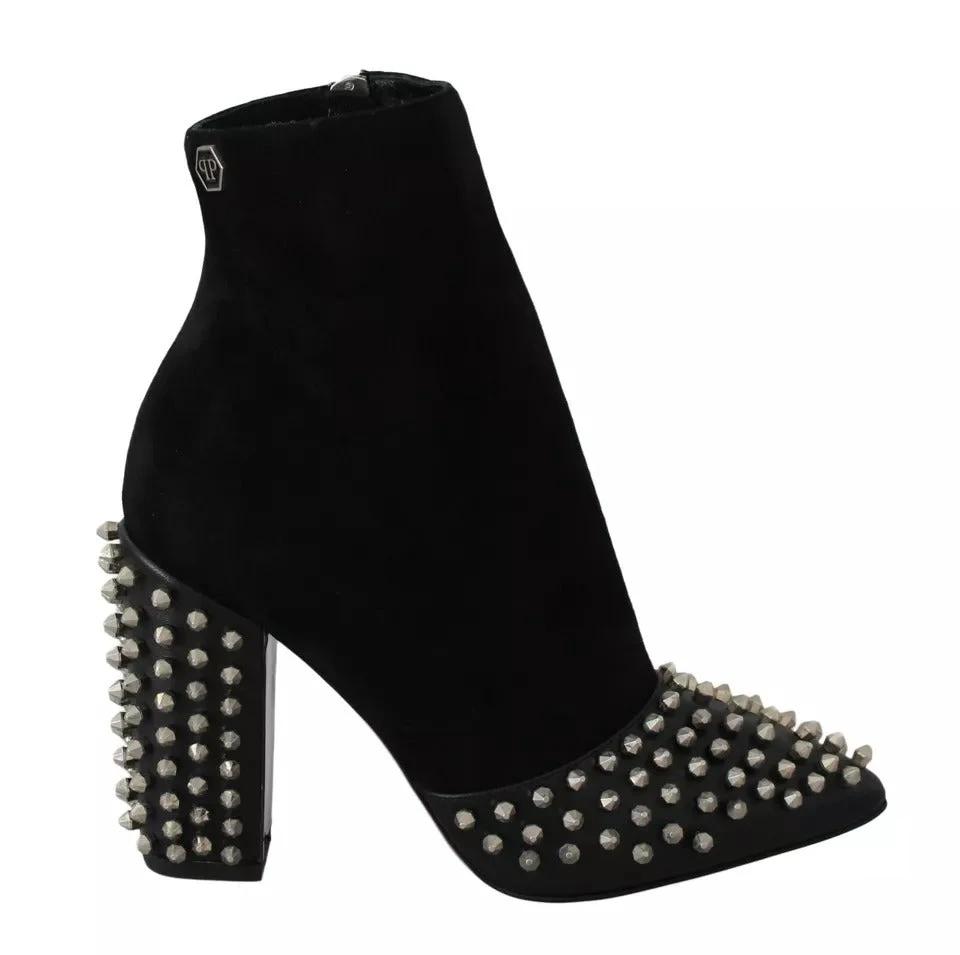 Philipp Plein Black Suede Studded Heels Ankle Boots Shoes by Philipp Plein