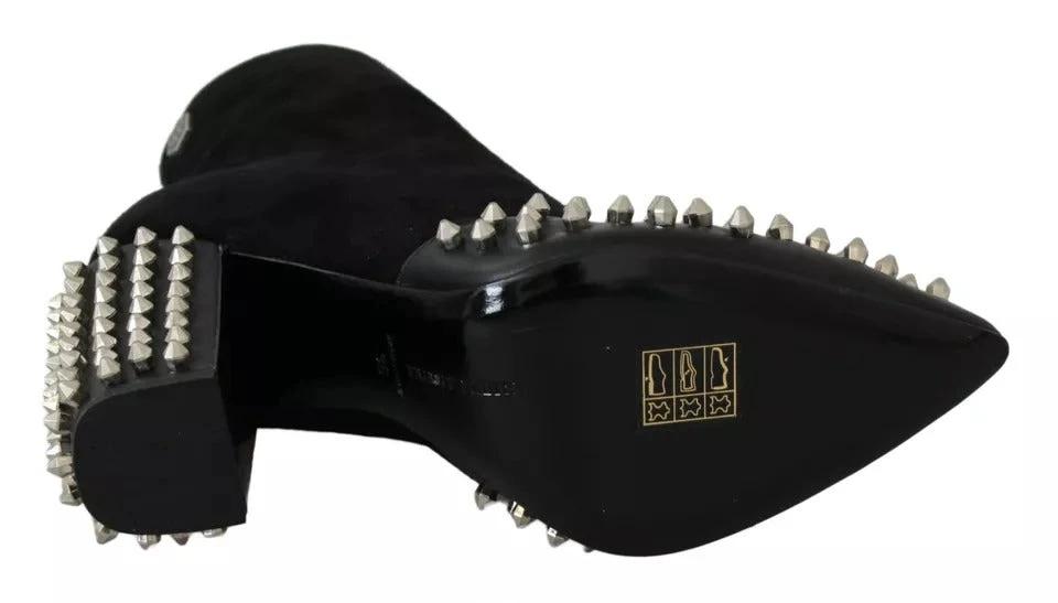 Philipp Plein Black Suede Studded Heels Ankle Boots Shoes by Philipp Plein