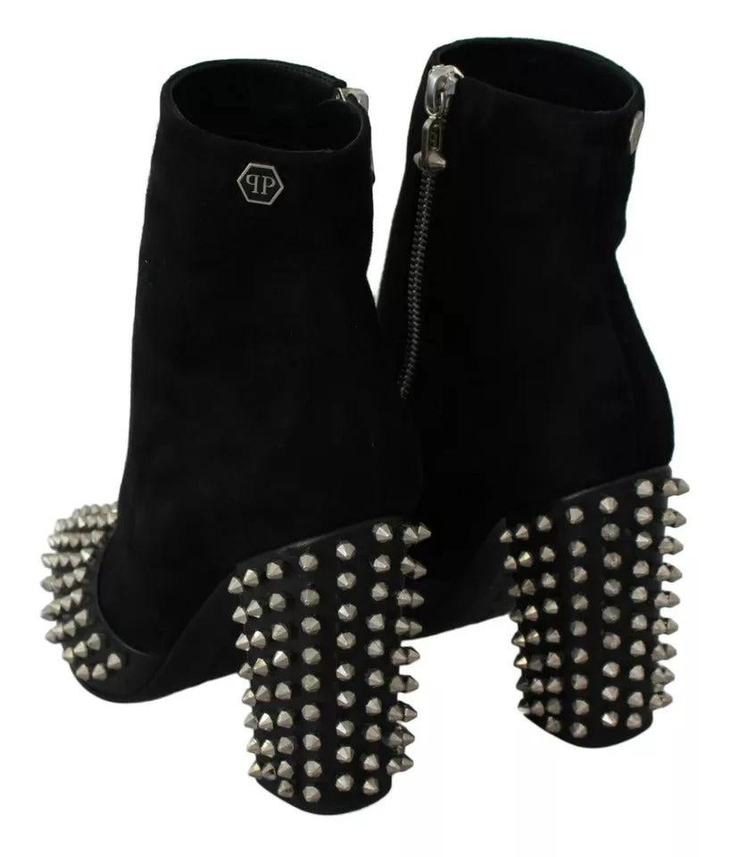 Philipp Plein Black Suede Studded Heels Ankle Boots Shoes by Philipp Plein