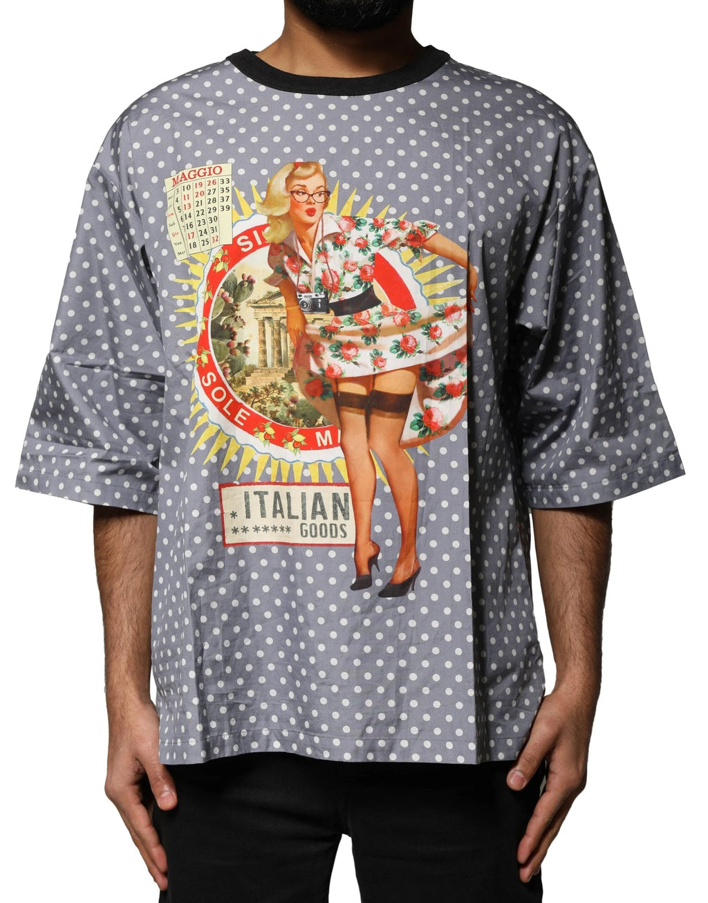Dolce & Gabbana Gray Polka Dot Pin-Up Print Crew Neck T-shirt by Dolce & Gabbana