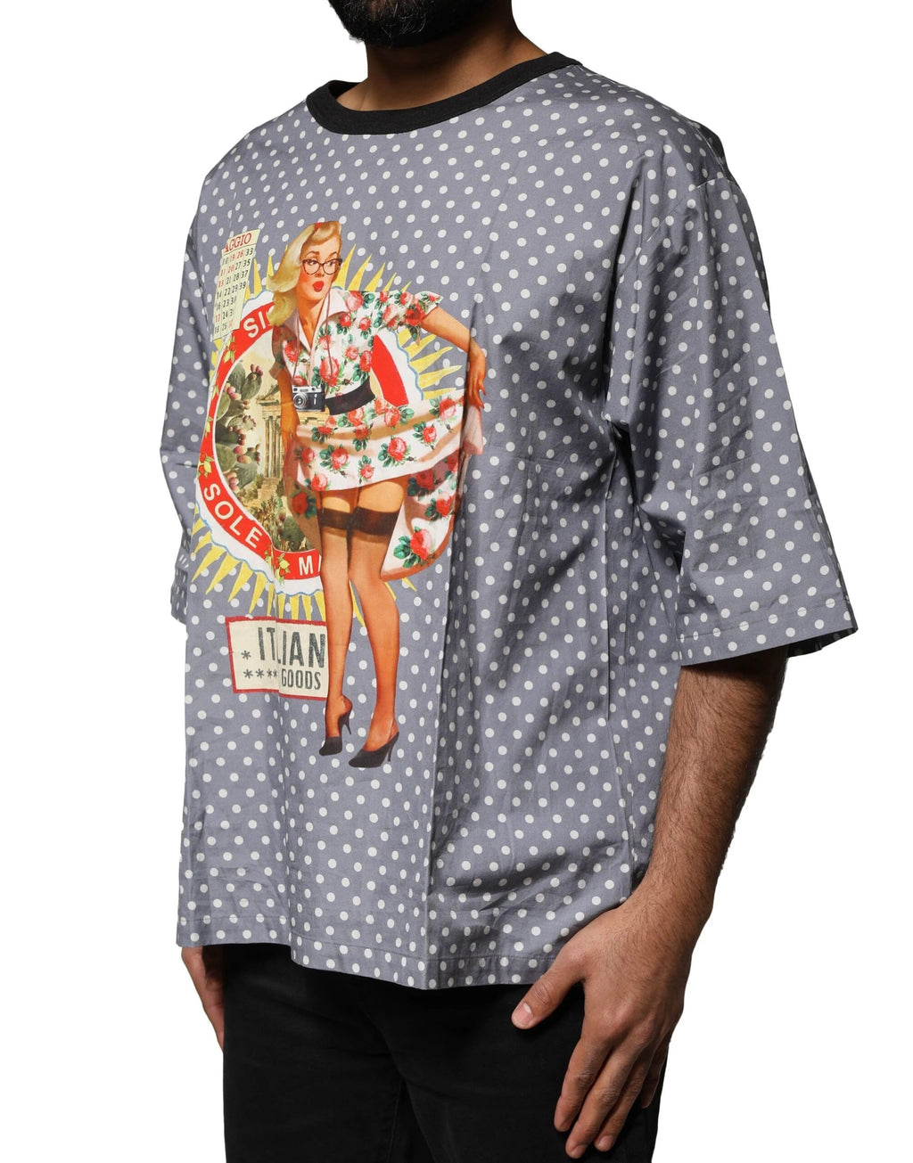 Dolce & Gabbana Gray Polka Dot Pin-Up Print Crew Neck T-shirt by Dolce & Gabbana
