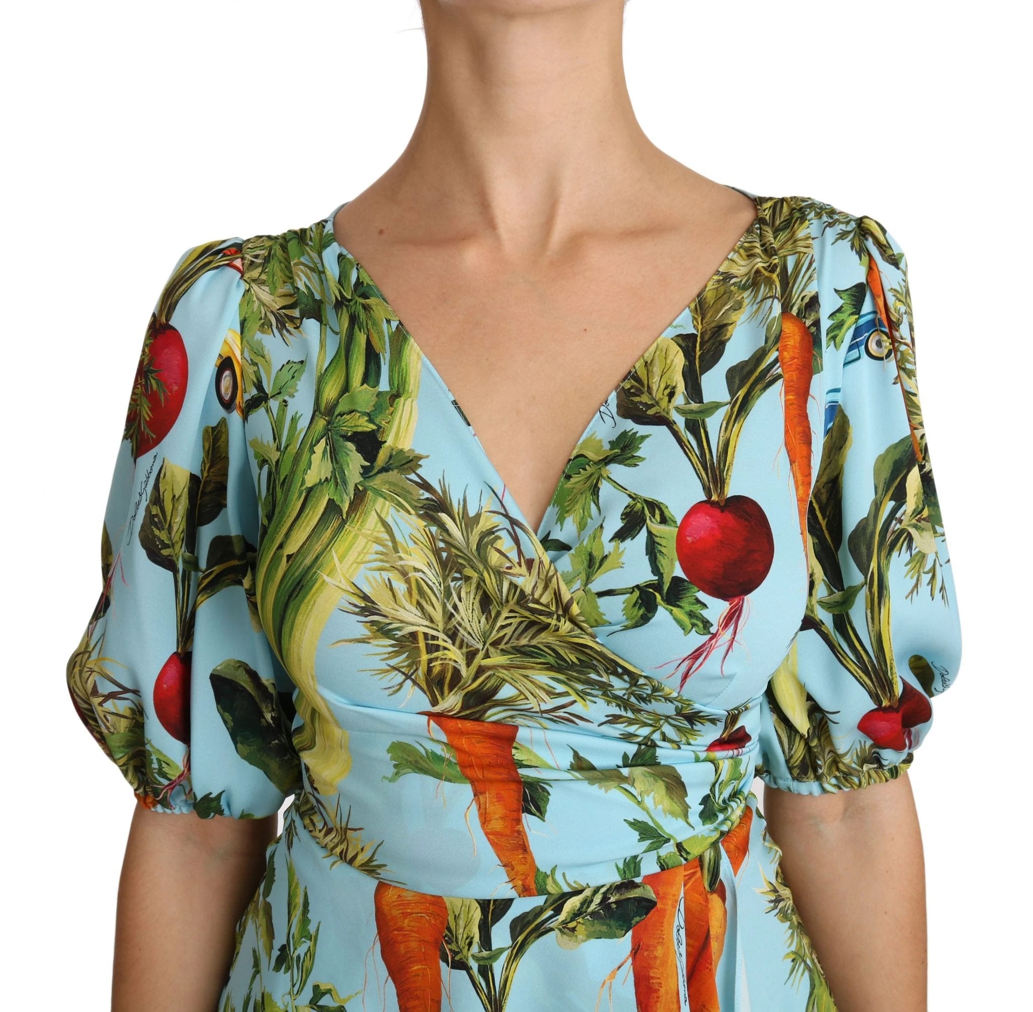 Dolce & Gabbana Multicolor Vegetable Print Silk Top Peplum Wrap Blouse by Dolce & Gabbana