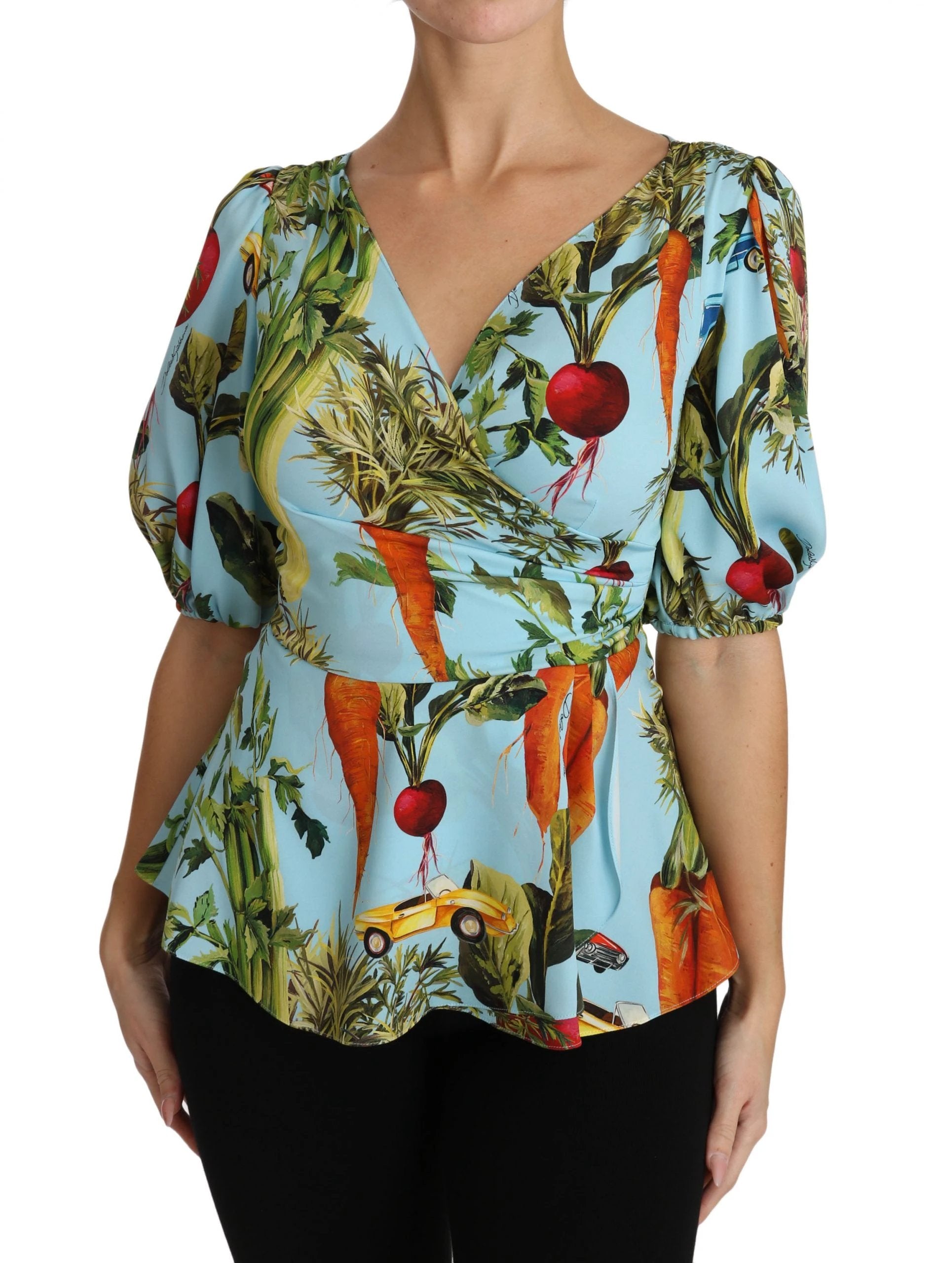 Dolce & Gabbana Multicolor Vegetable Print Silk Top Peplum Wrap Blouse by Dolce & Gabbana
