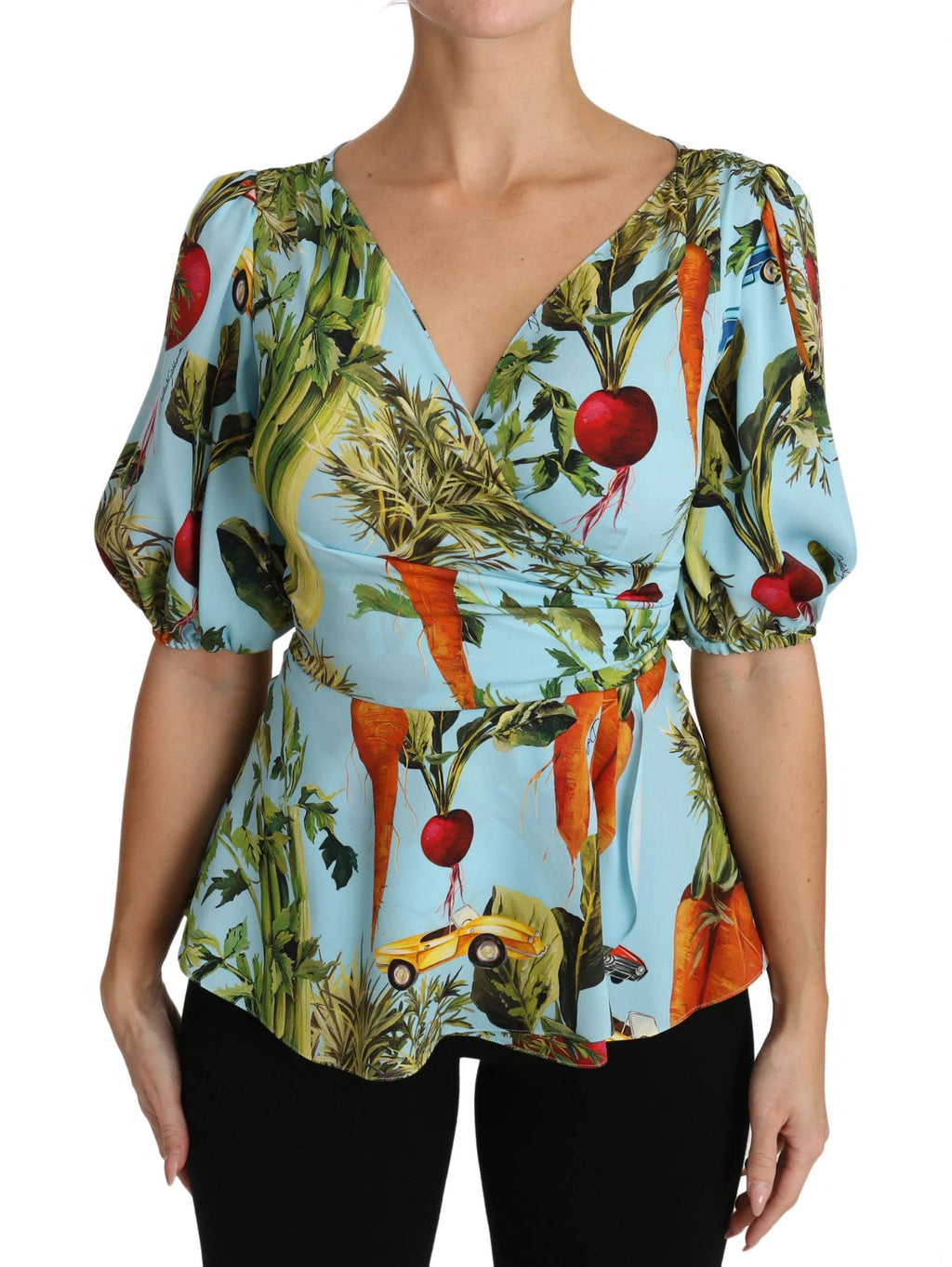 Dolce & Gabbana Multicolor Vegetable Print Silk Top Peplum Wrap Blouse by Dolce & Gabbana