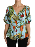 Dolce & Gabbana Multicolor Vegetable Print Silk Top Peplum Wrap Blouse by Dolce & Gabbana