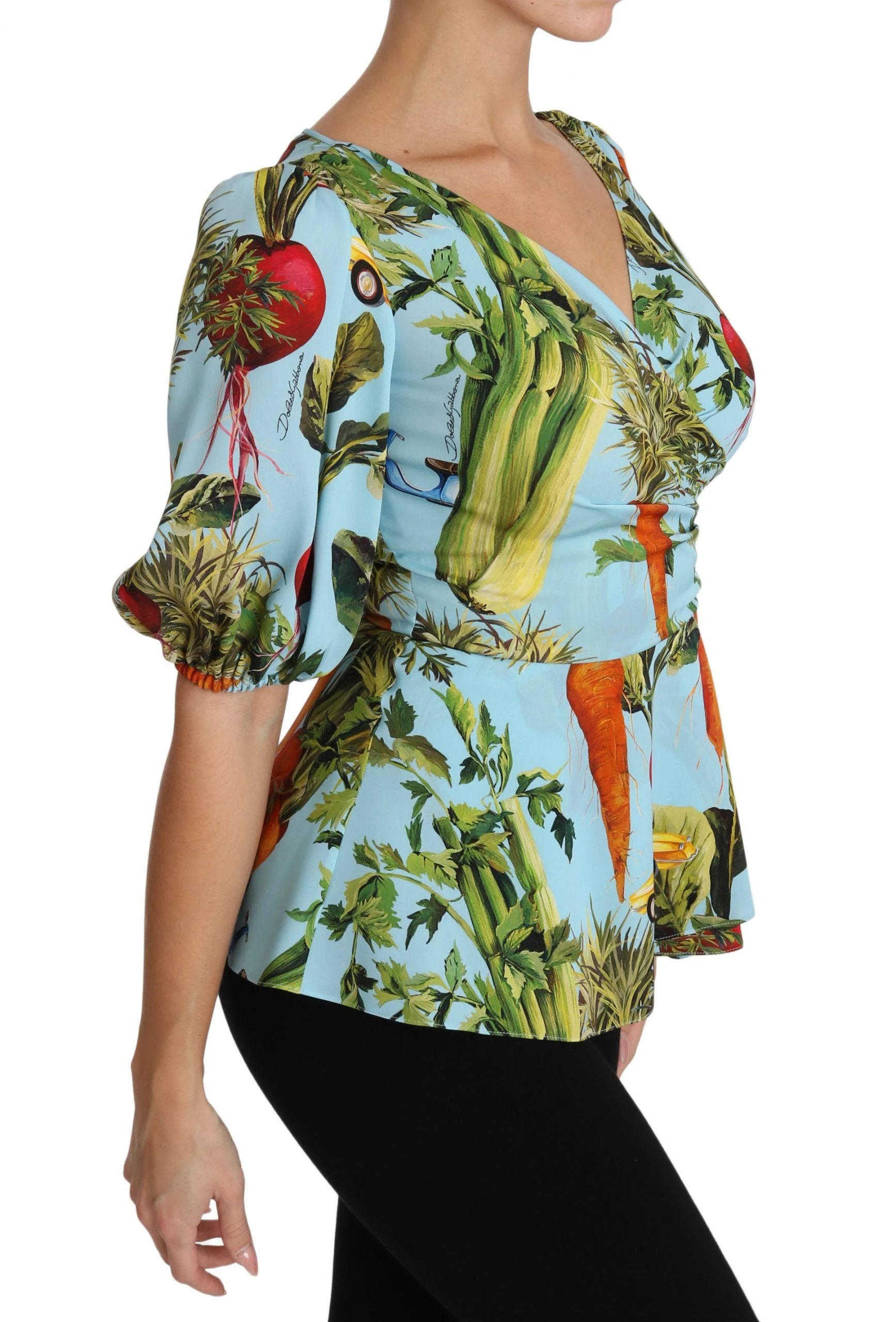 Dolce & Gabbana Multicolor Vegetable Print Silk Top Peplum Wrap Blouse by Dolce & Gabbana