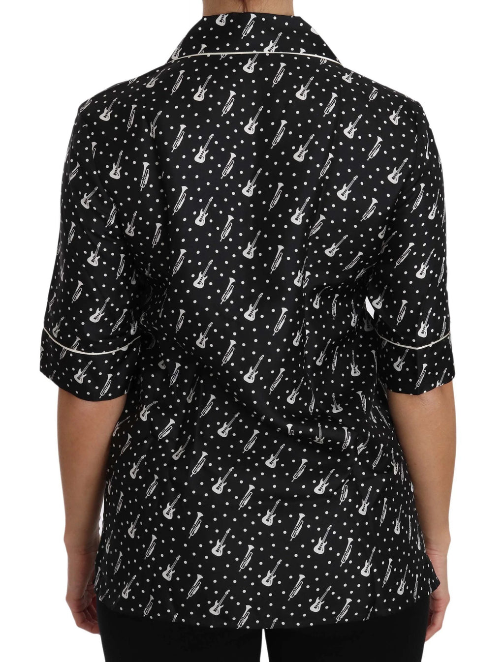 Dolce & Gabbana Black GuitarTrumpet Print Silk Shirt Top by Dolce & Gabbana