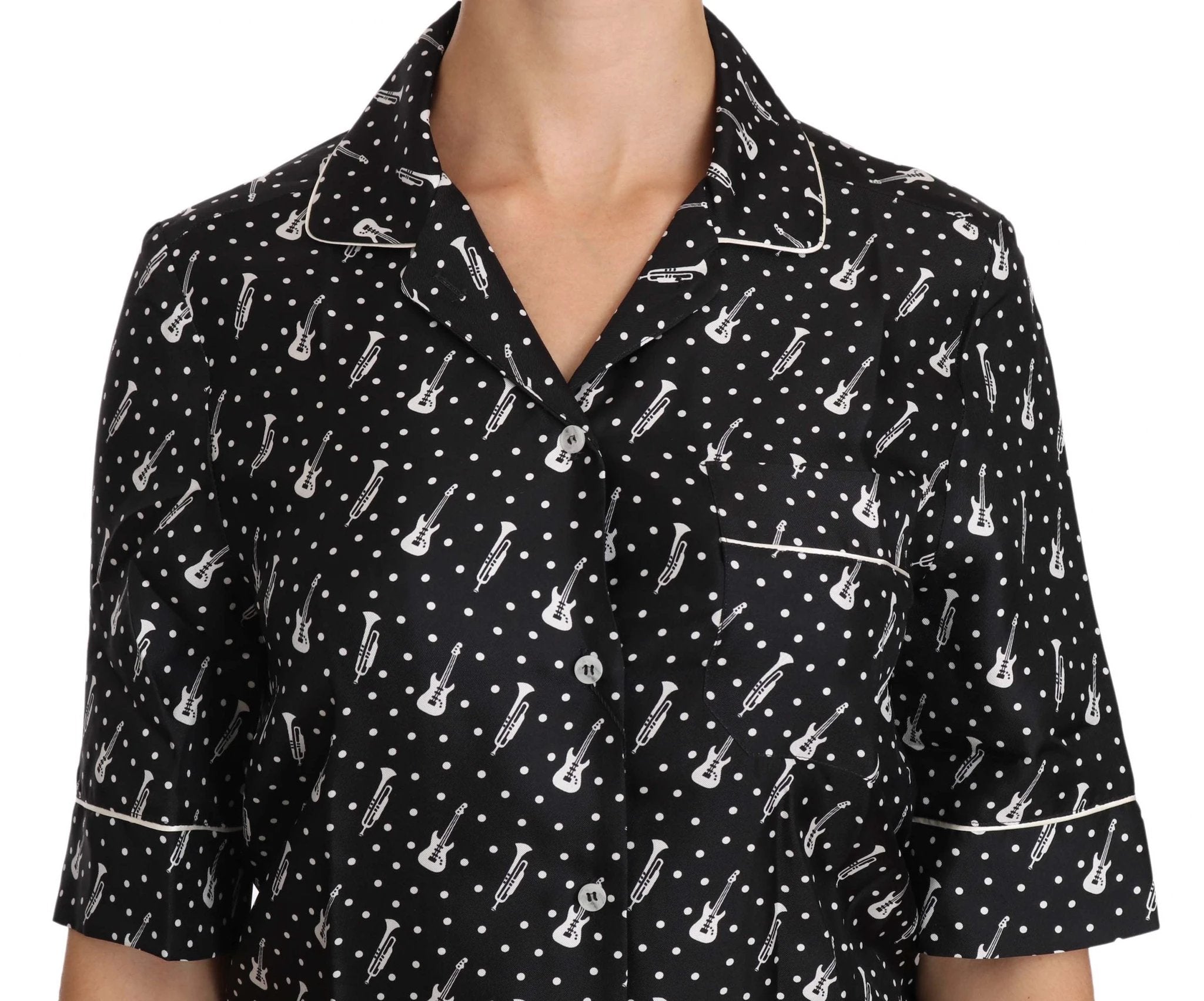 Dolce & Gabbana Black GuitarTrumpet Print Silk Shirt Top by Dolce & Gabbana