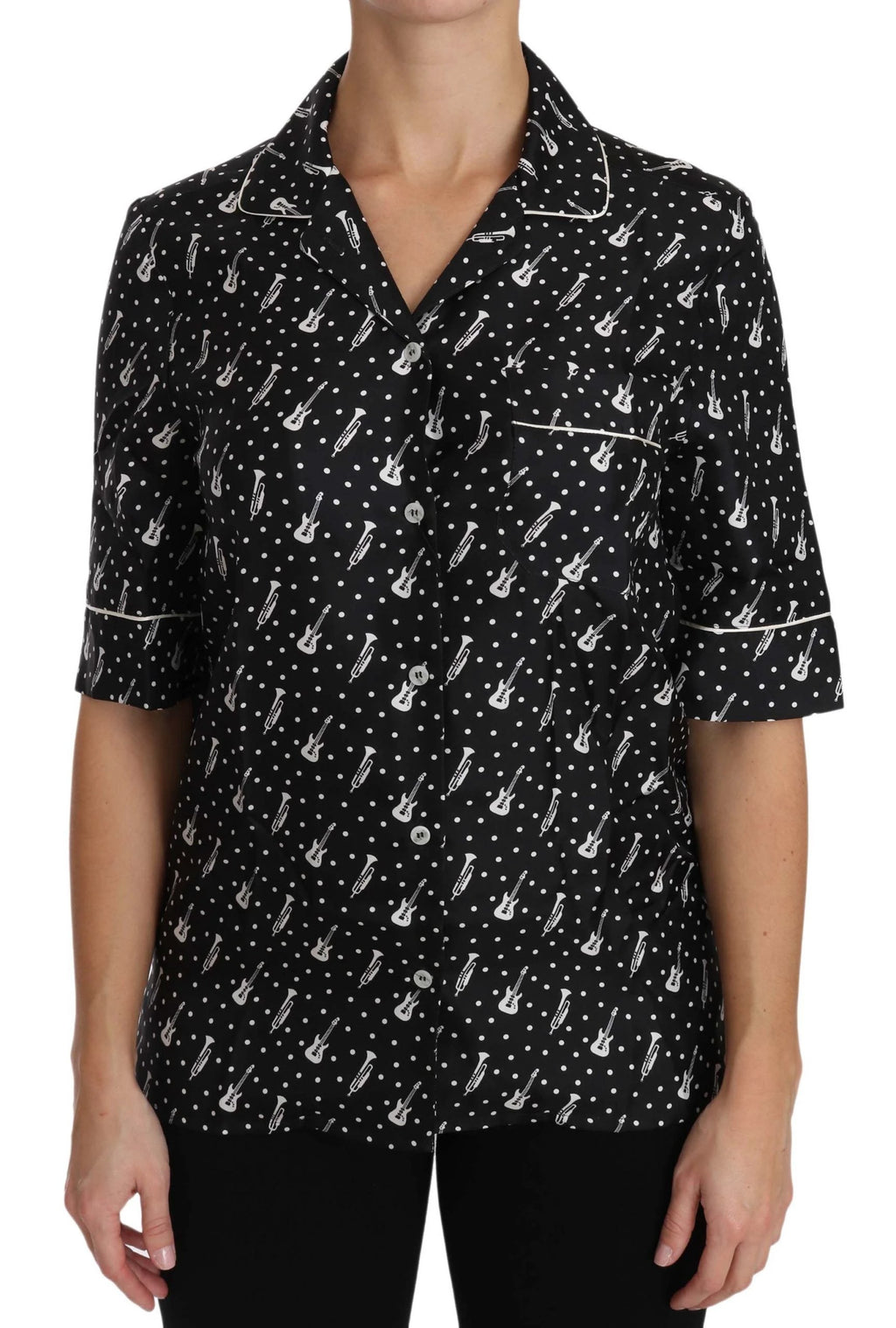 Dolce & Gabbana Black GuitarTrumpet Print Silk Shirt Top by Dolce & Gabbana