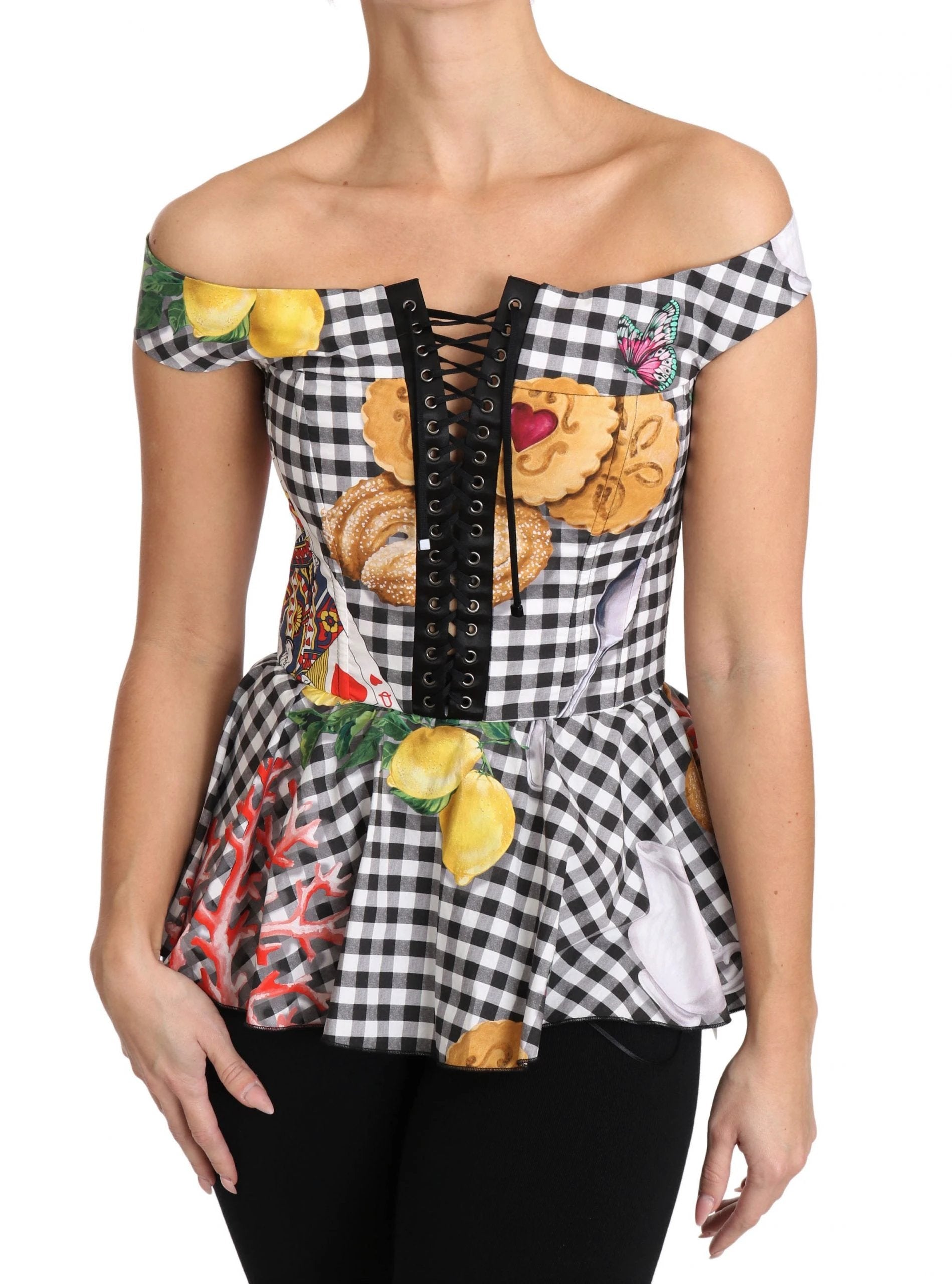 Dolce & Gabbana Black and White Corset Blouse Sicily Lemon Check Top by Dolce & Gabbana
