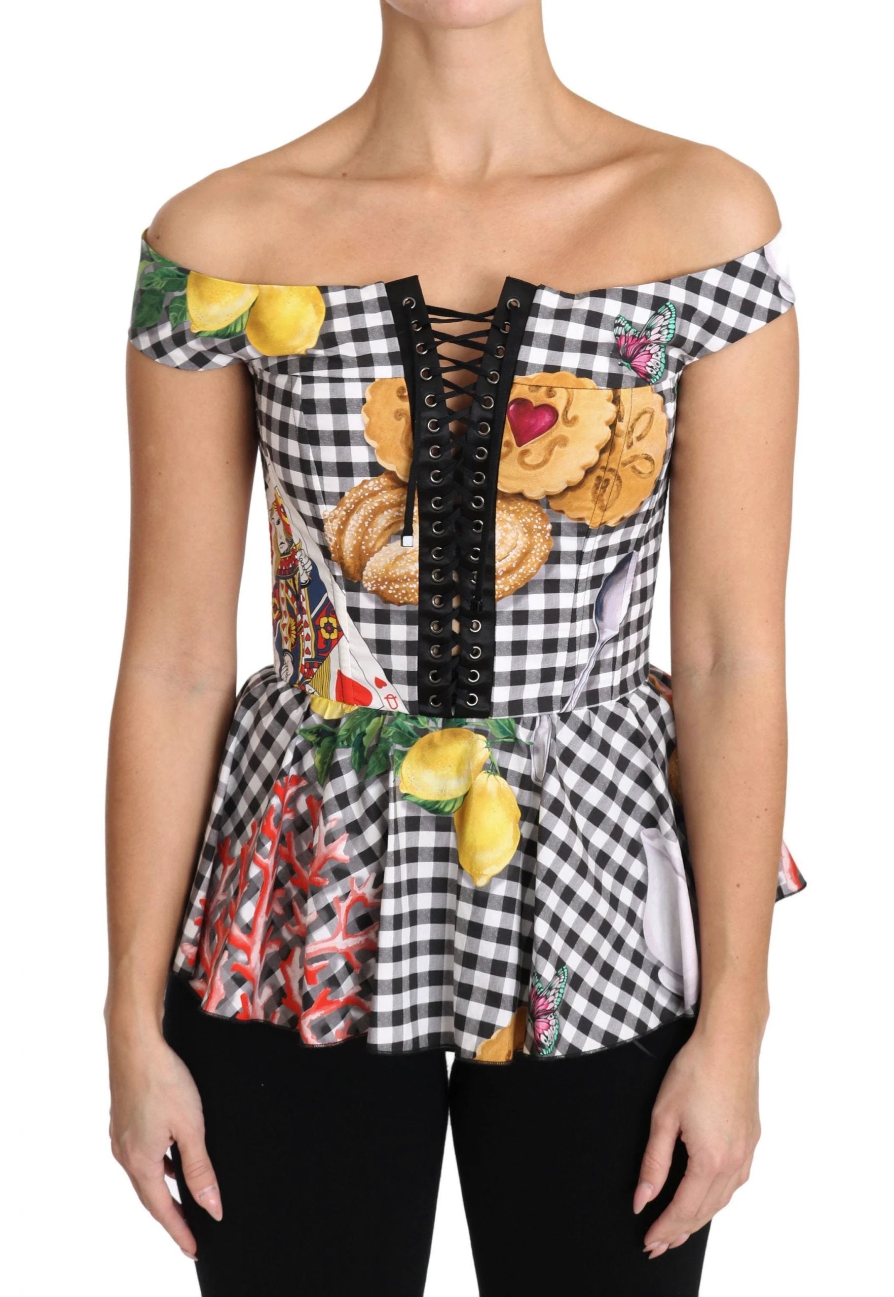 Dolce & Gabbana Black and White Corset Blouse Sicily Lemon Check Top by Dolce & Gabbana
