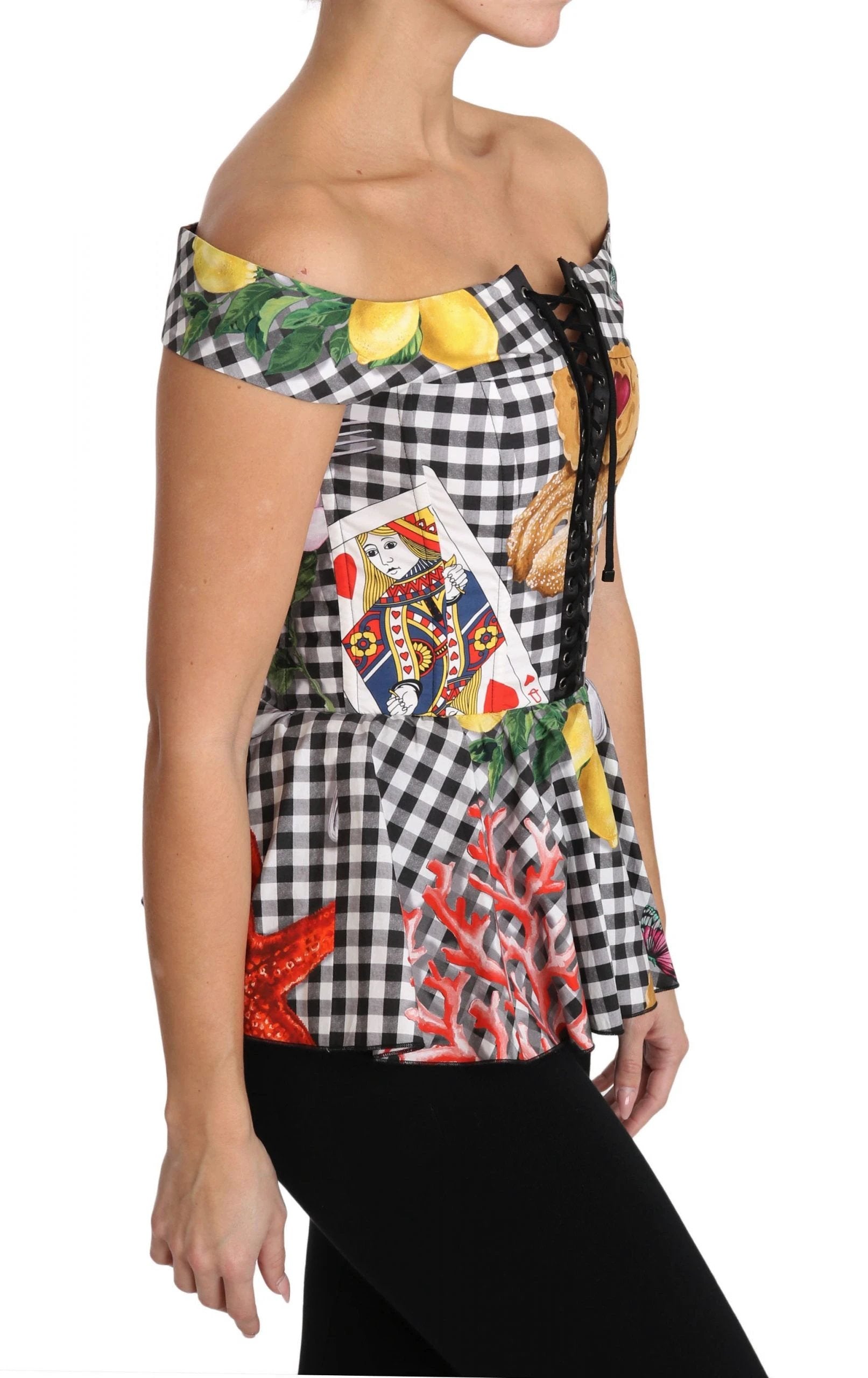 Dolce & Gabbana Black and White Corset Blouse Sicily Lemon Check Top by Dolce & Gabbana