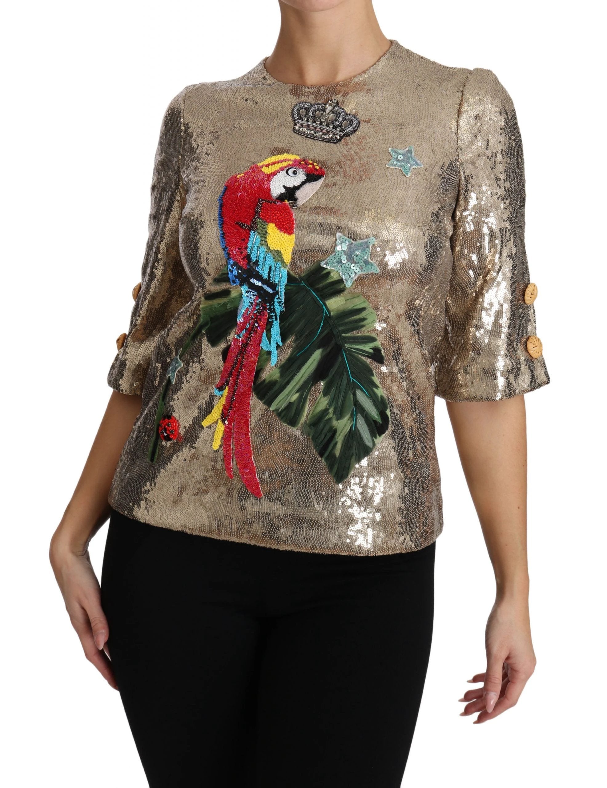 Dolce & Gabbana Gold Sequined Parrot Crystal Blouse by Dolce & Gabbana