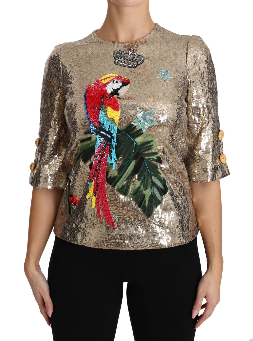 Dolce & Gabbana Gold Sequined Parrot Crystal Blouse by Dolce & Gabbana