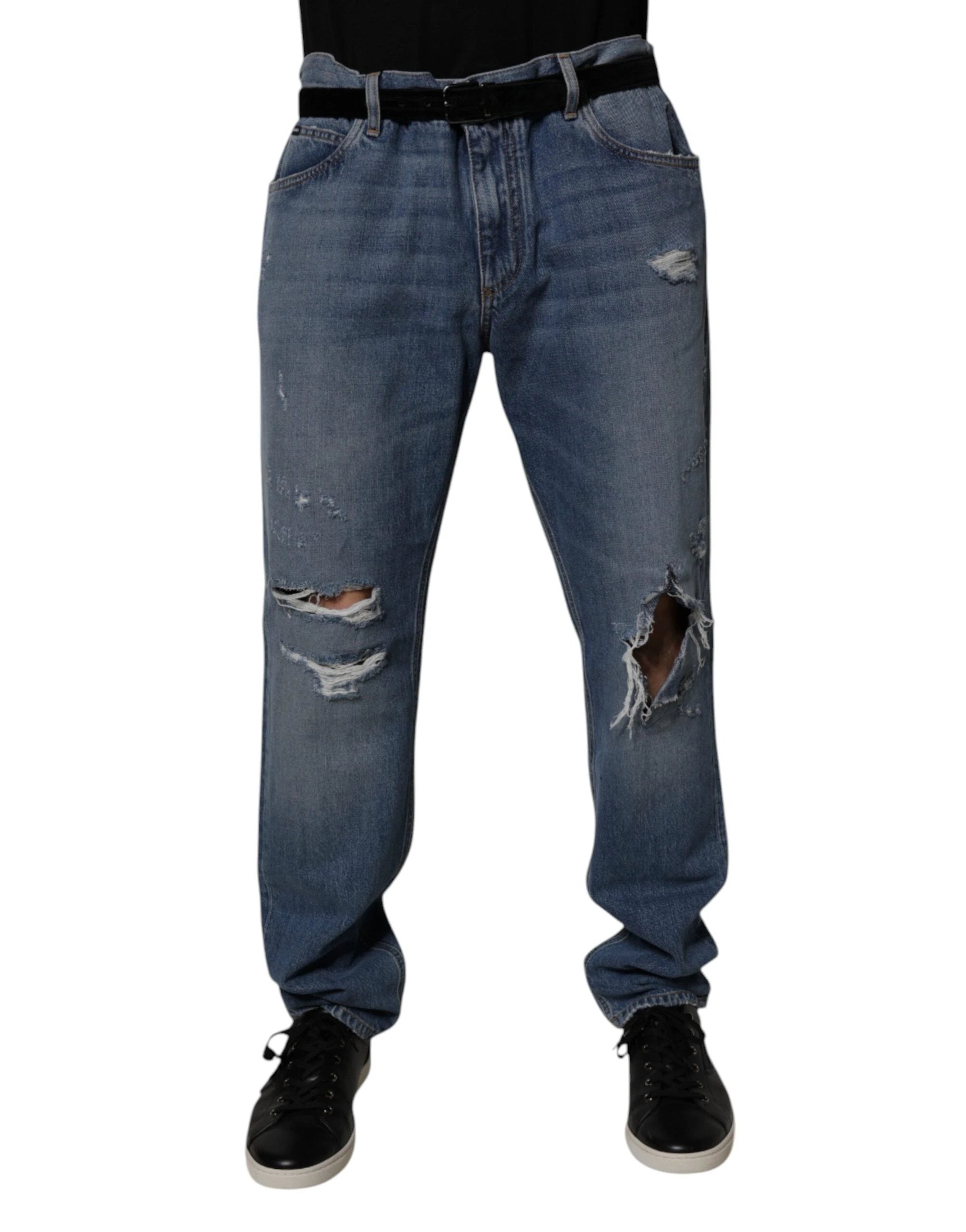 Dolce & Gabbana Blue Tattered Cotton Straight Denim Jeans by Dolce & Gabbana