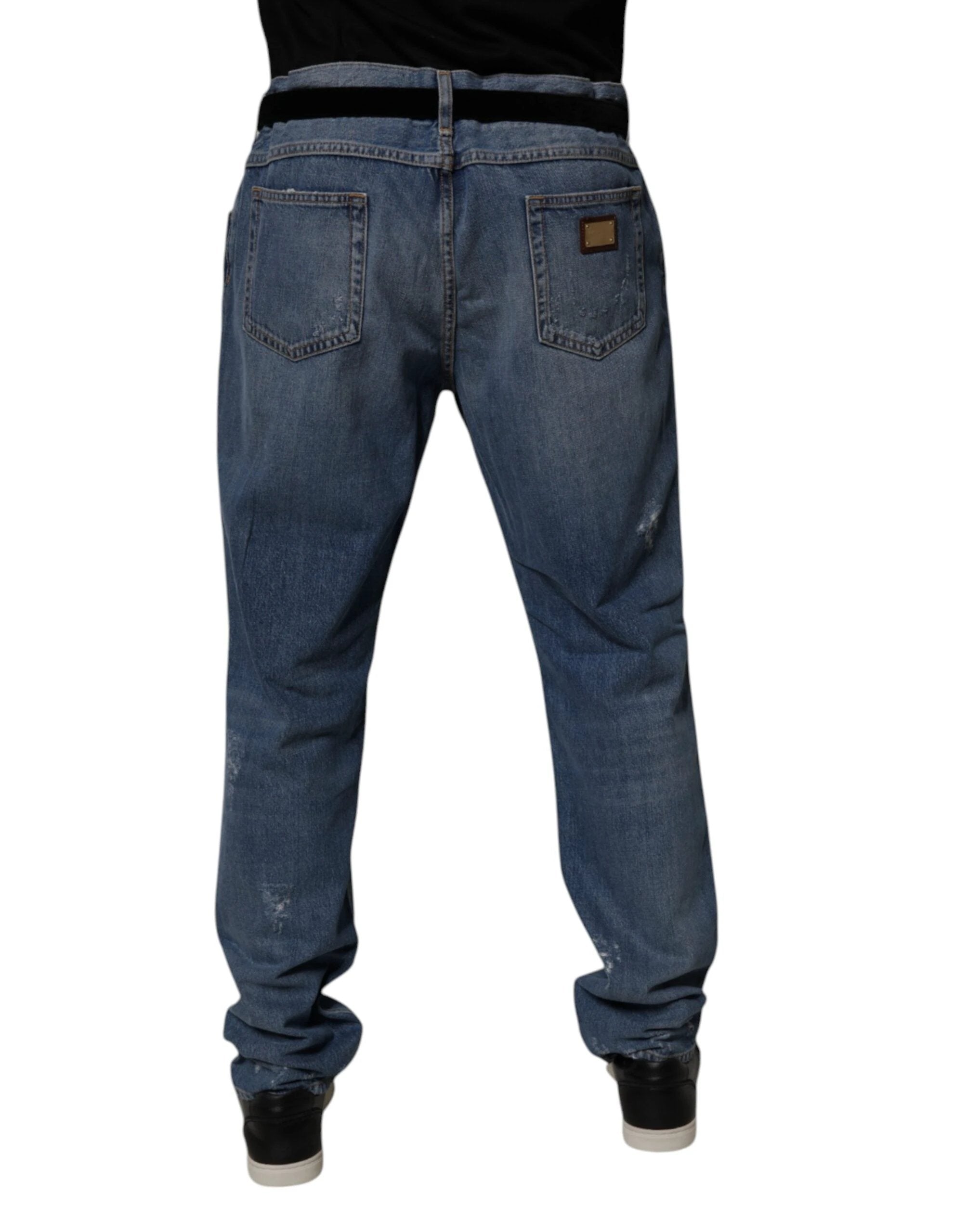 Dolce & Gabbana Blue Tattered Cotton Straight Denim Jeans by Dolce & Gabbana