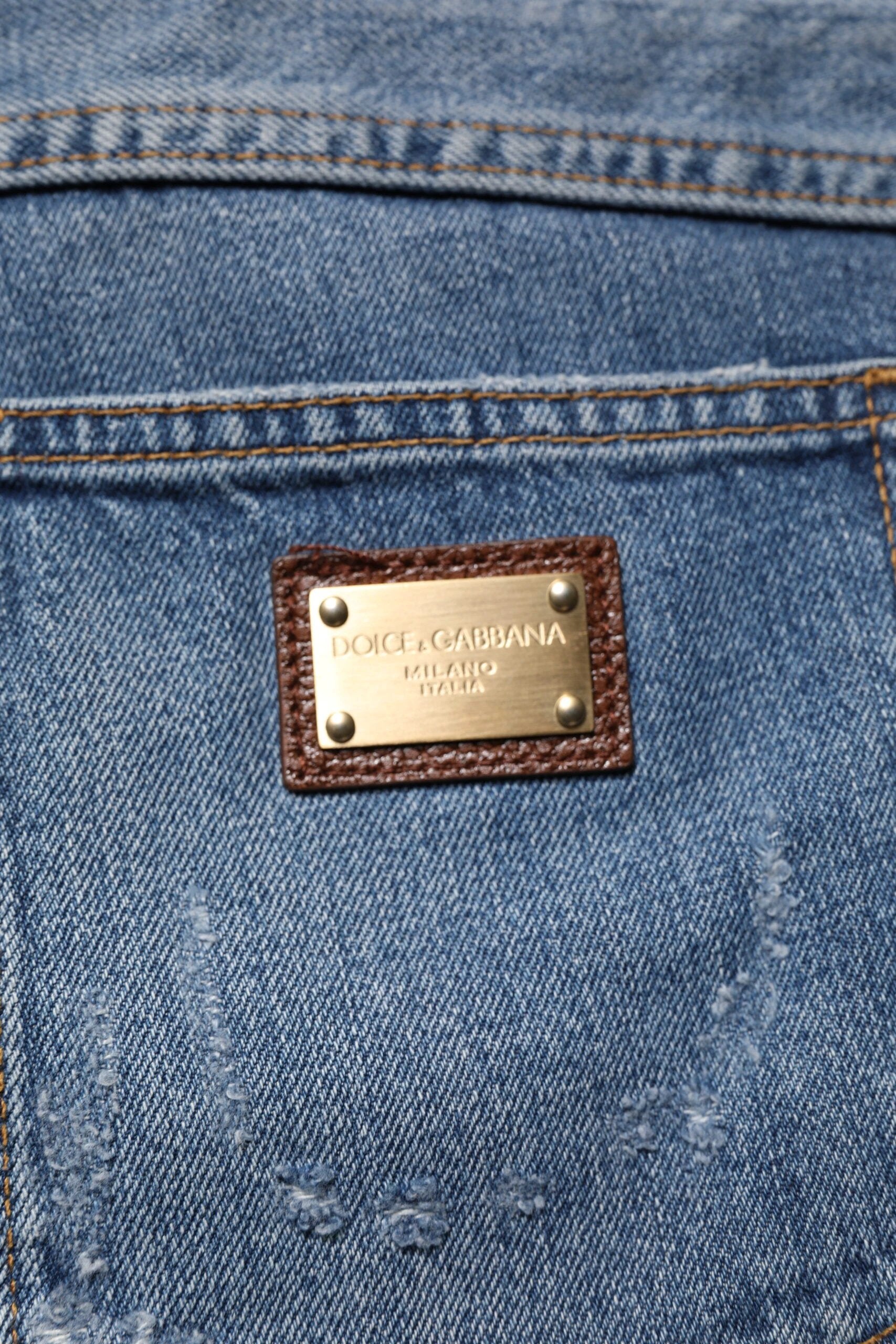 Dolce & Gabbana Blue Tattered Cotton Straight Denim Jeans by Dolce & Gabbana