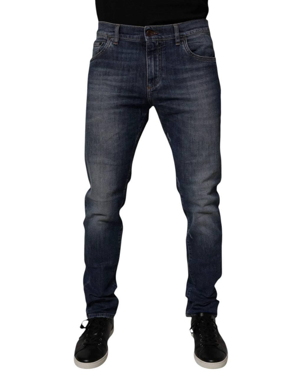 Dolce & Gabbana Dark Blue Cotton Leather Skinny Denim Jeans by Dolce & Gabbana