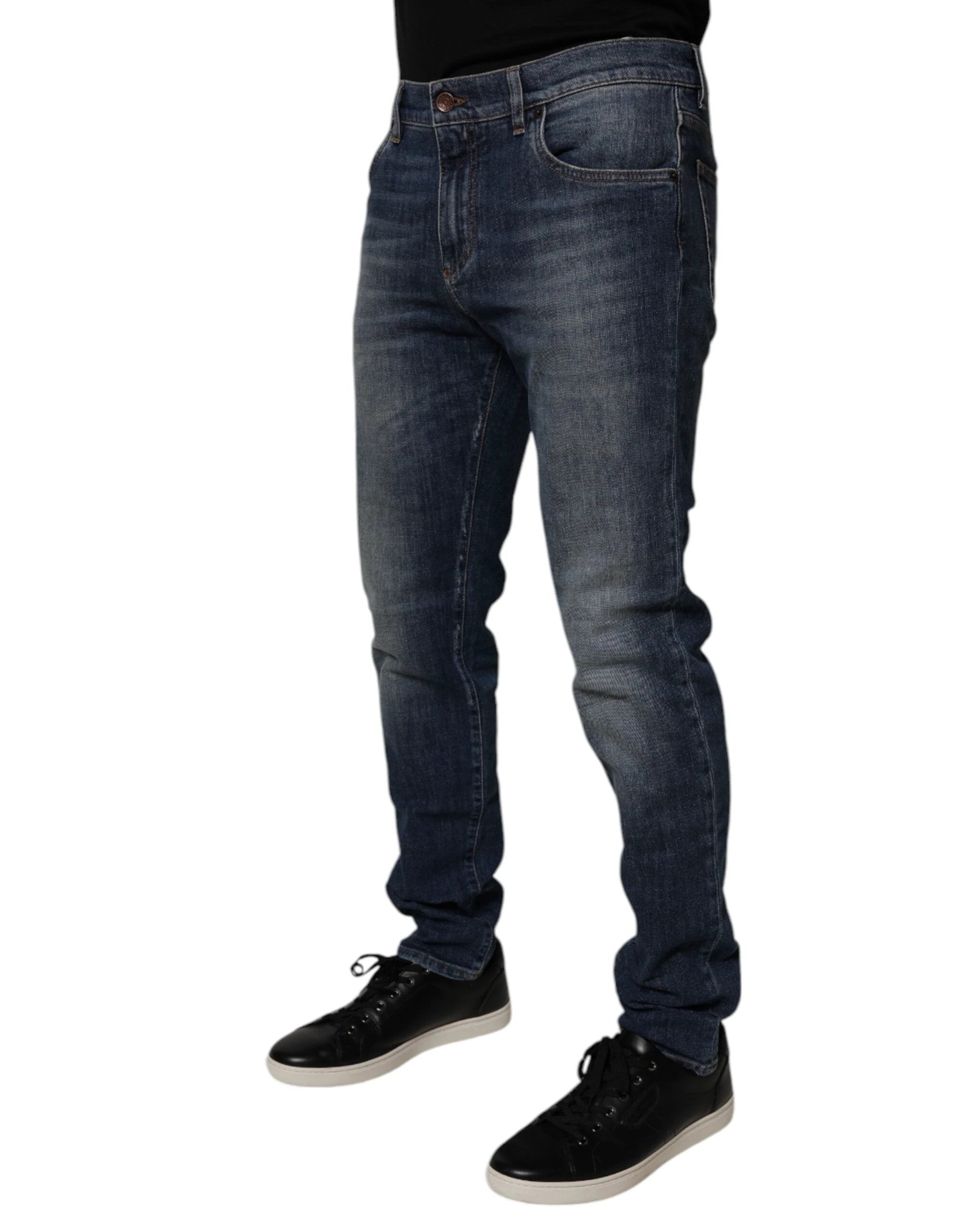 Dolce & Gabbana Dark Blue Cotton Leather Skinny Denim Jeans by Dolce & Gabbana