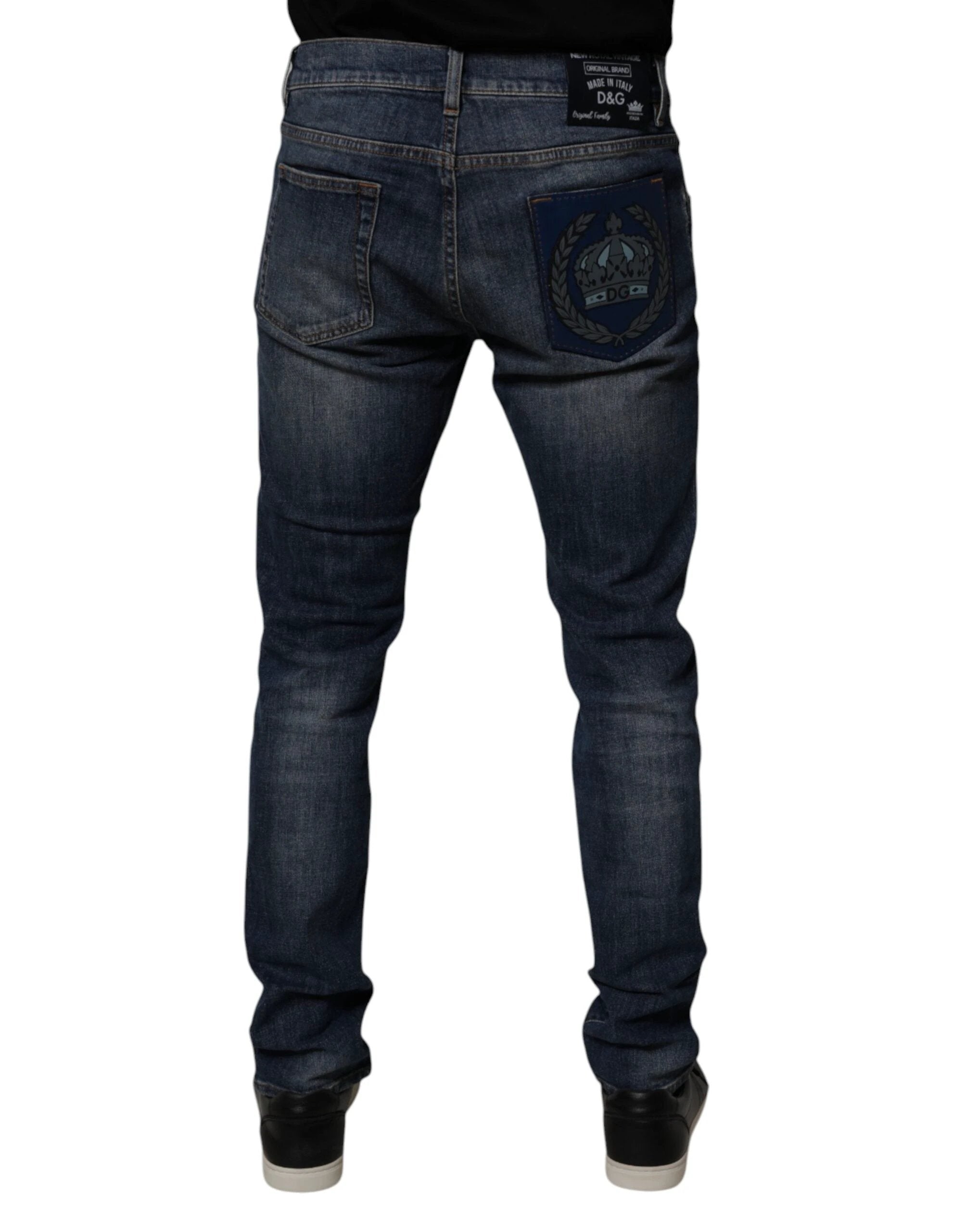 Dolce & Gabbana Dark Blue Cotton Leather Skinny Denim Jeans by Dolce & Gabbana