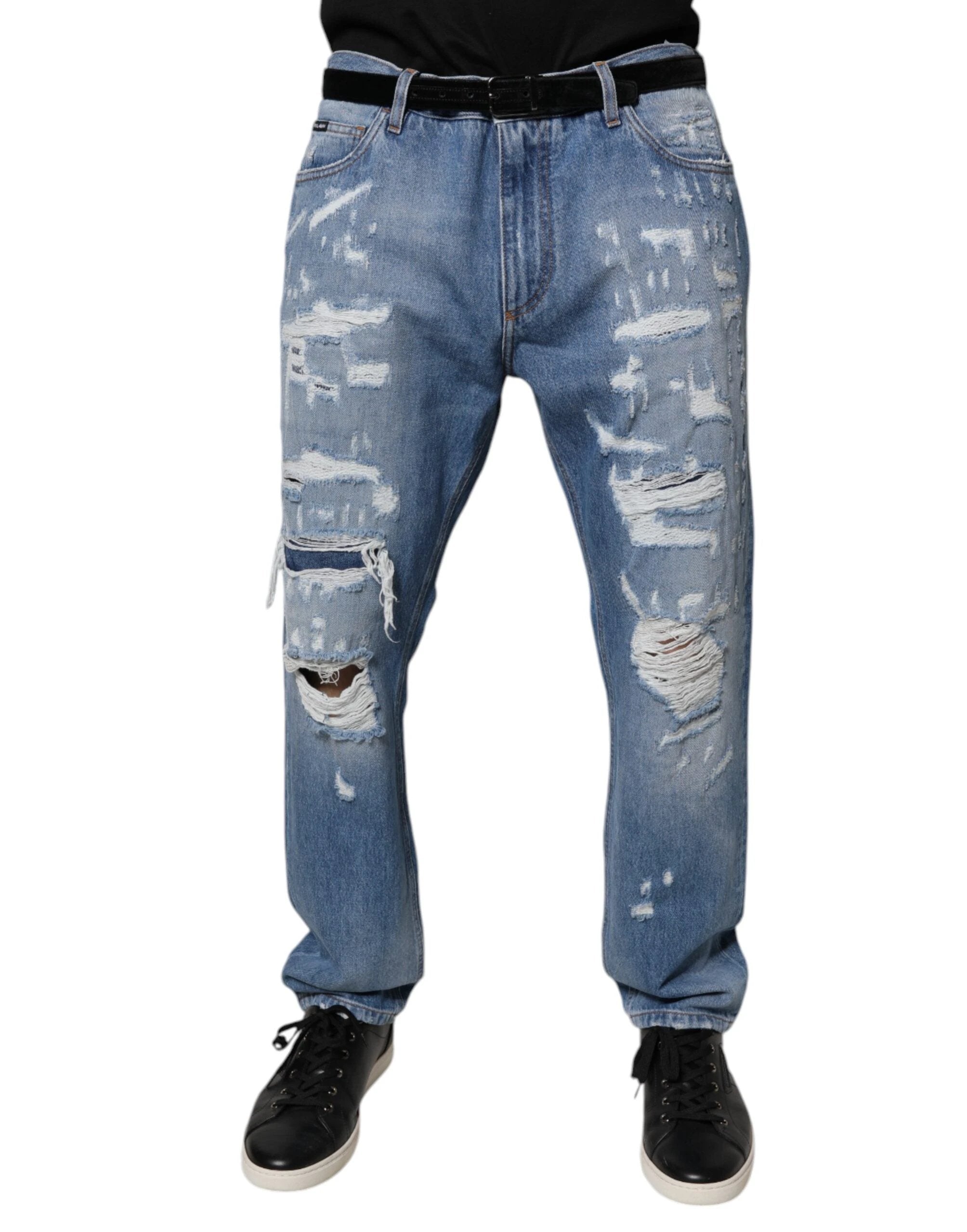 Dolce & Gabbana Blue Tattered Straight Cotton Denim Jeans by Dolce & Gabbana