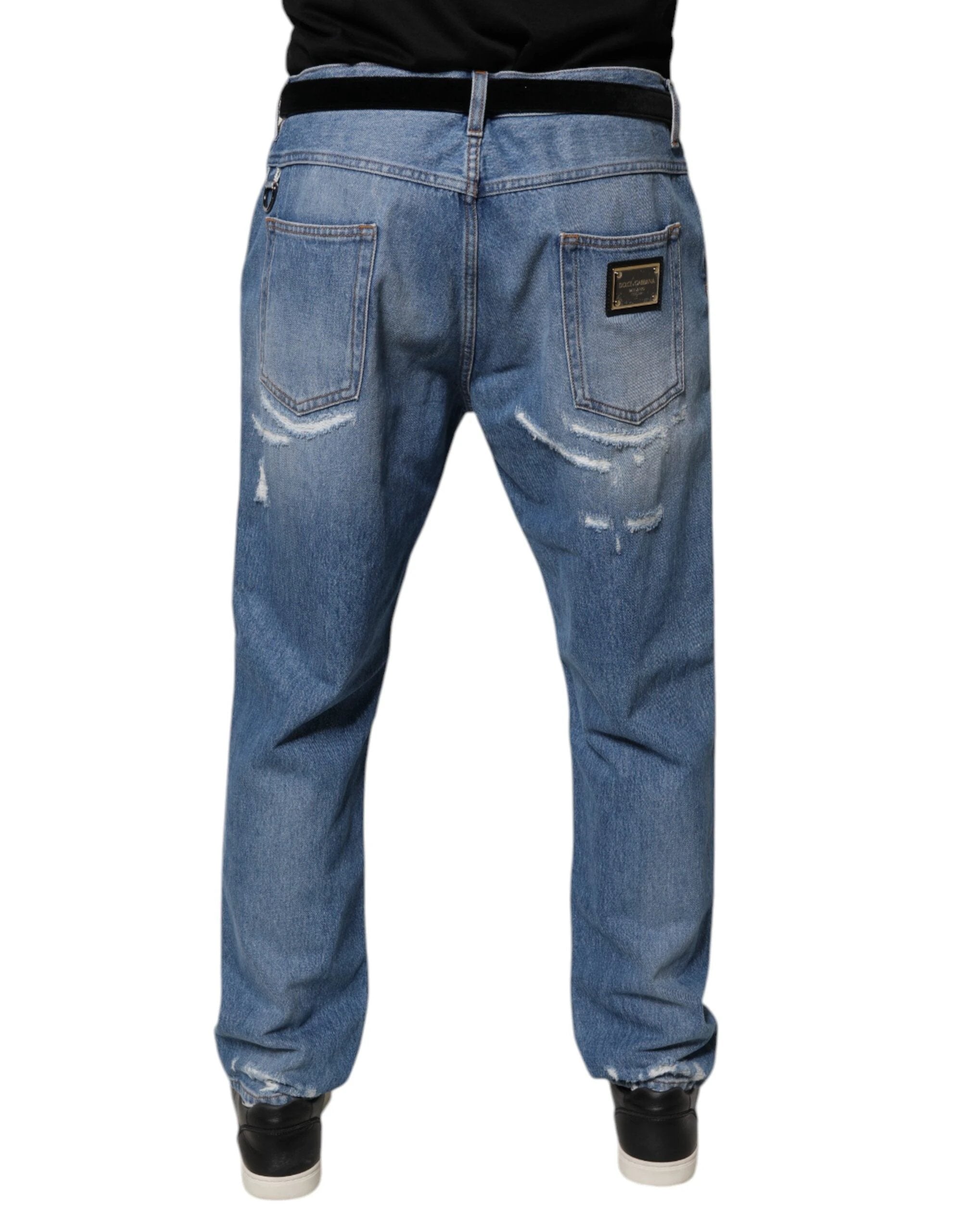 Dolce & Gabbana Blue Tattered Straight Cotton Denim Jeans by Dolce & Gabbana