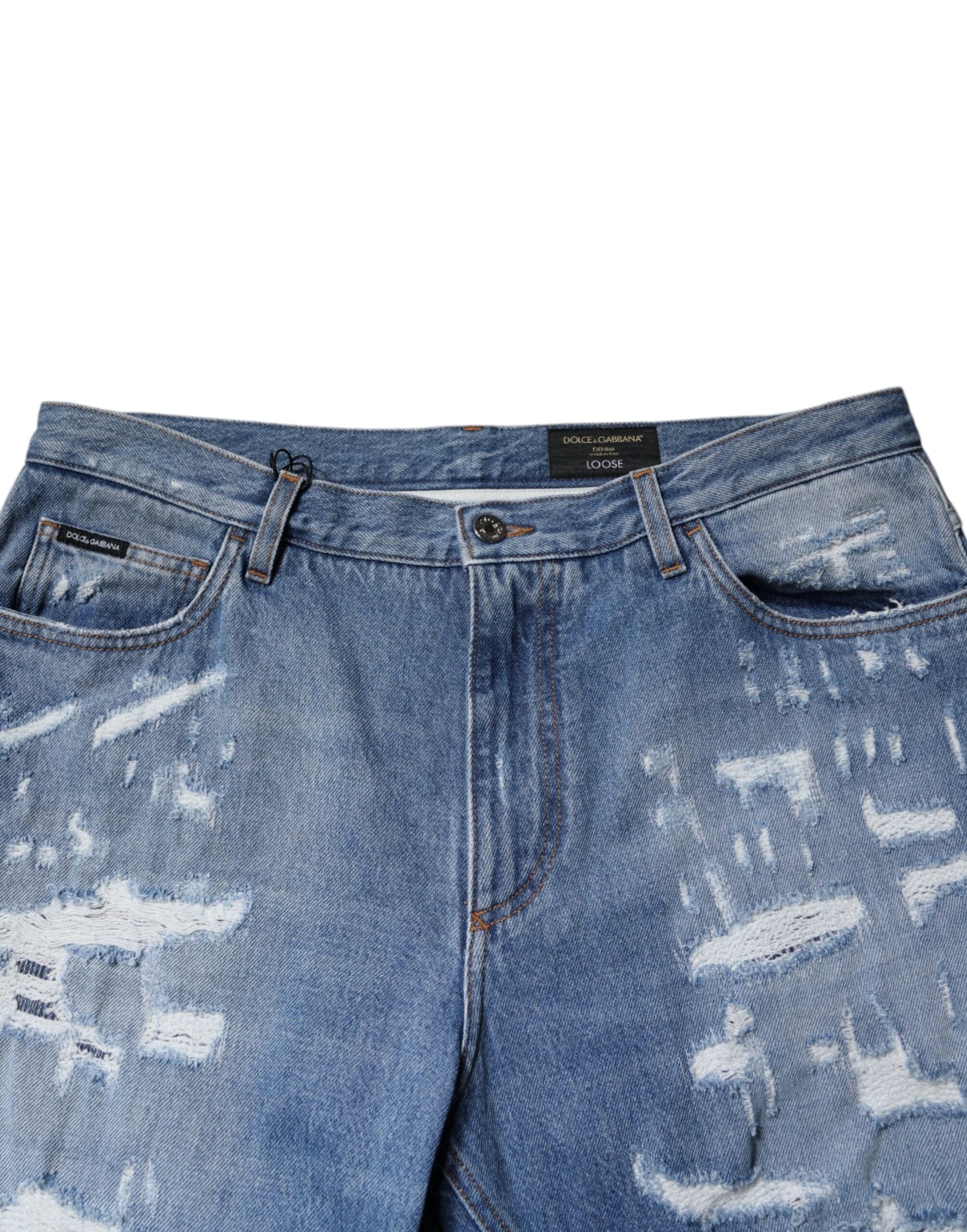 Dolce & Gabbana Blue Tattered Straight Cotton Denim Jeans by Dolce & Gabbana