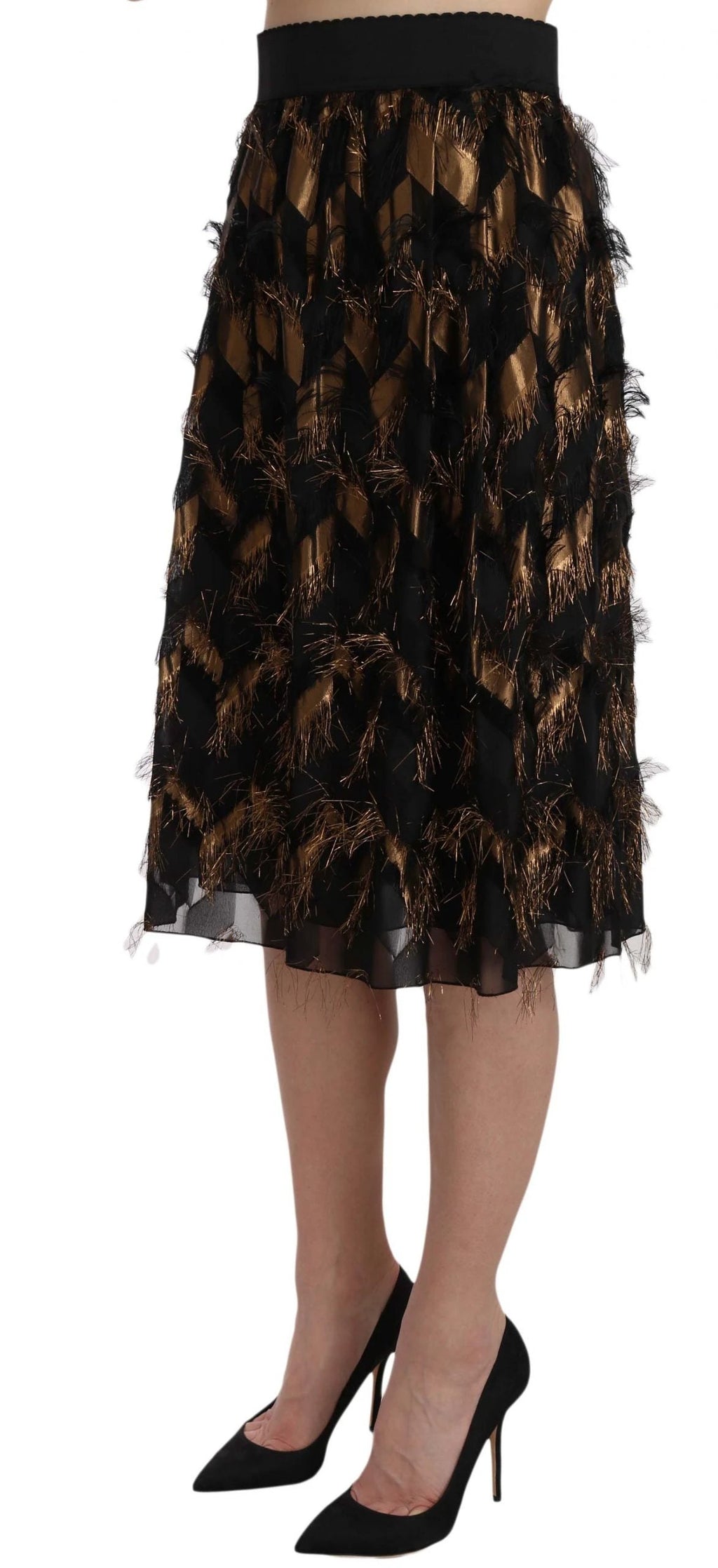 Dolce & Gabbana Black Gold Fringe Metallic Pencil A-line Skirt by Dolce & Gabbana