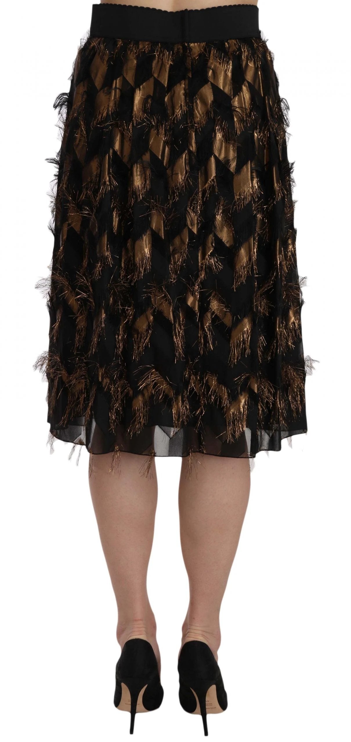 Dolce & Gabbana Black Gold Fringe Metallic Pencil A-line Skirt by Dolce & Gabbana