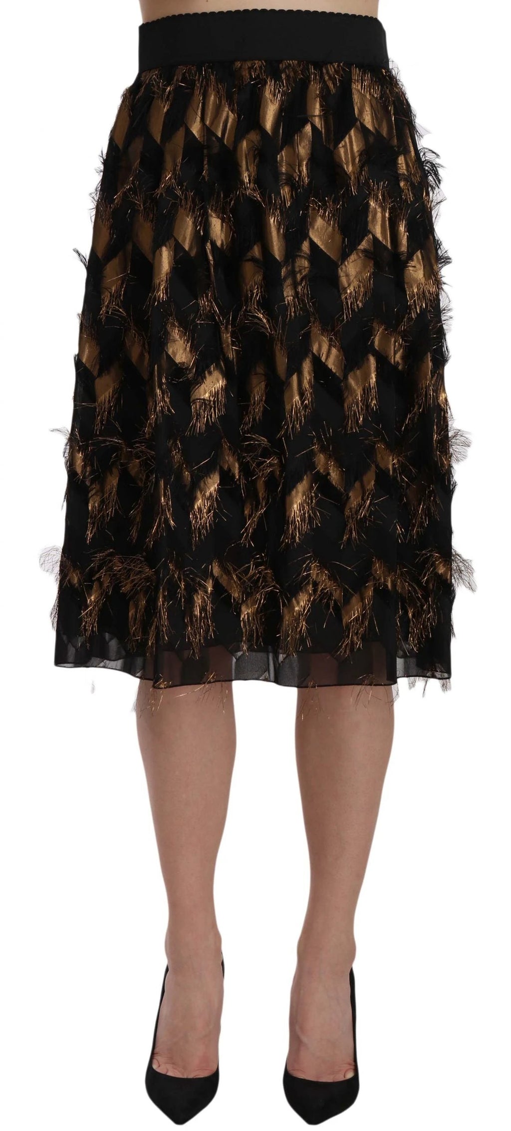 Dolce & Gabbana Black Gold Fringe Metallic Pencil A-line Skirt by Dolce & Gabbana