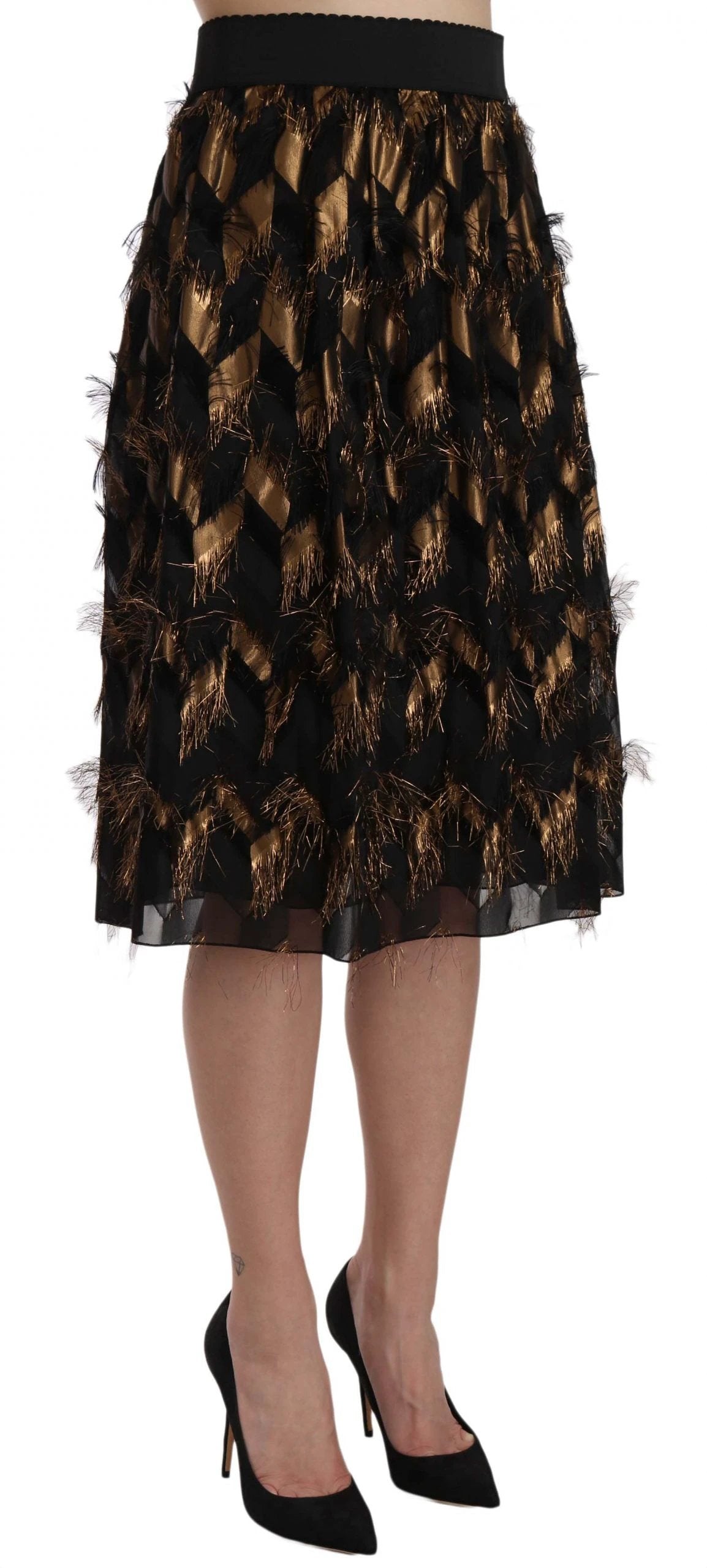 Dolce & Gabbana Black Gold Fringe Metallic Pencil A-line Skirt by Dolce & Gabbana