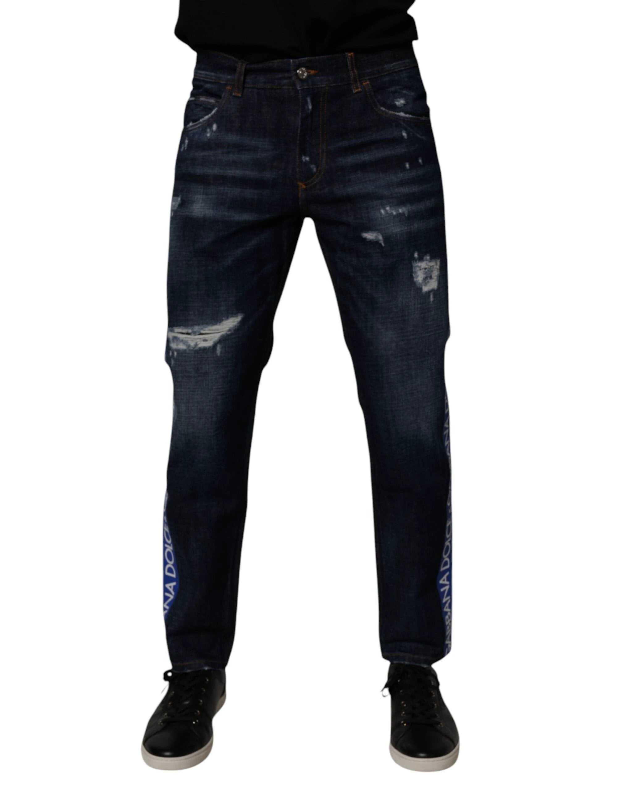 Dolce & Gabbana Dark Blue Cotton Tattered Skinny Denim Jeans by Dolce & Gabbana
