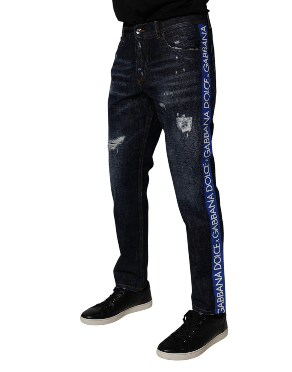 Dolce & Gabbana Dark Blue Cotton Tattered Skinny Denim Jeans by Dolce & Gabbana