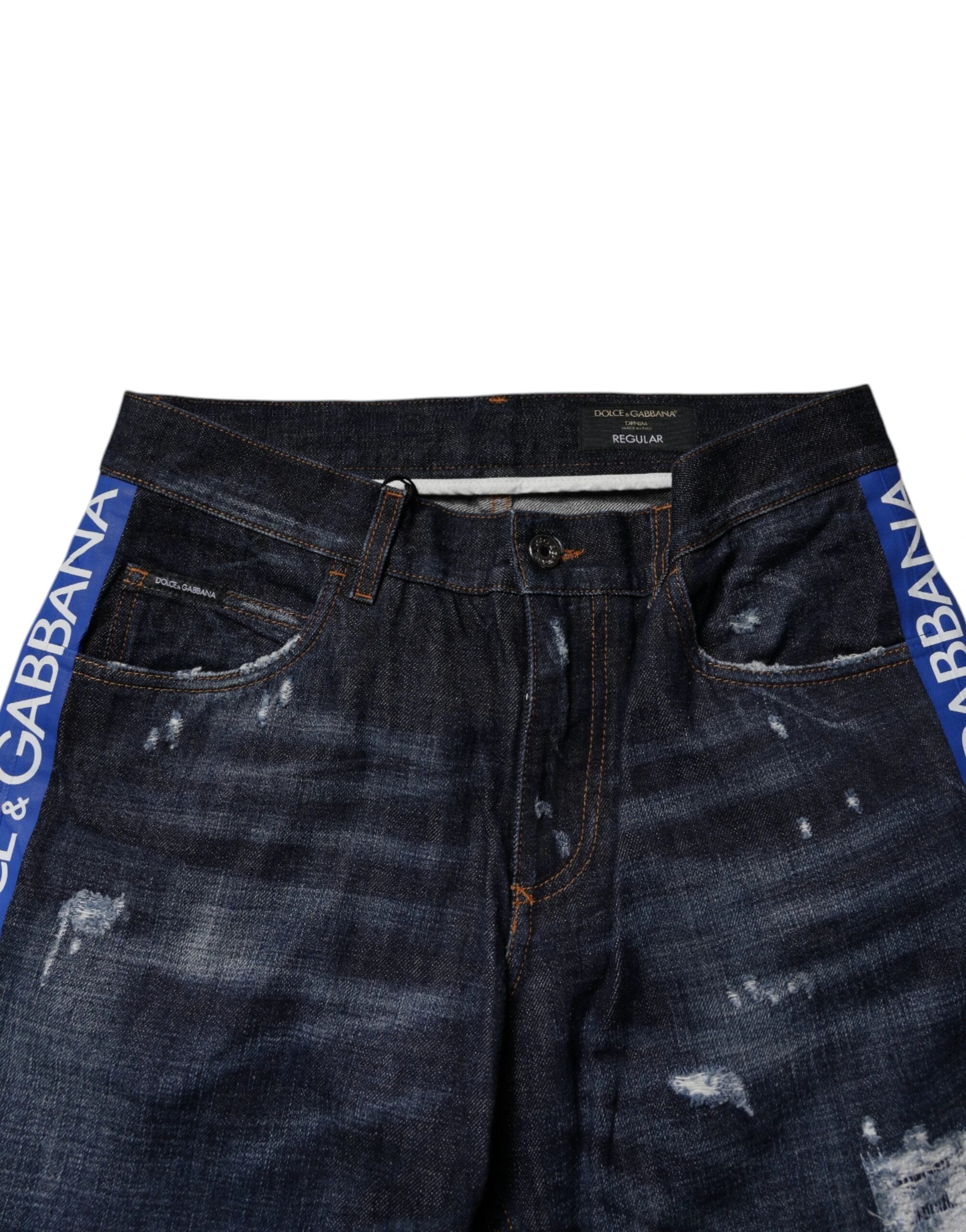 Dolce & Gabbana Dark Blue Cotton Tattered Skinny Denim Jeans by Dolce & Gabbana