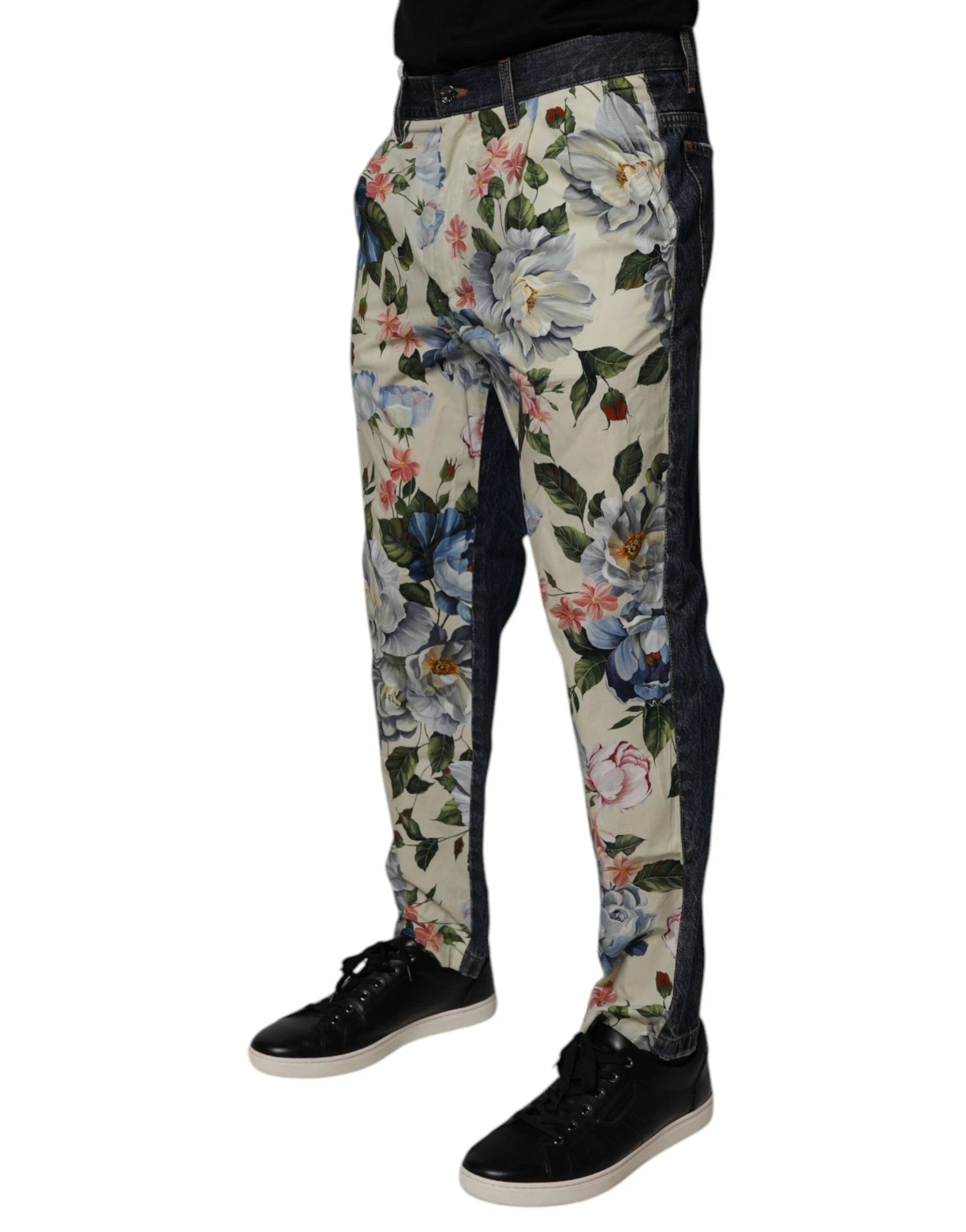 Dolce & Gabbana Beige Blue Floral Cotton Men Denim Jeans by Dolce & Gabbana