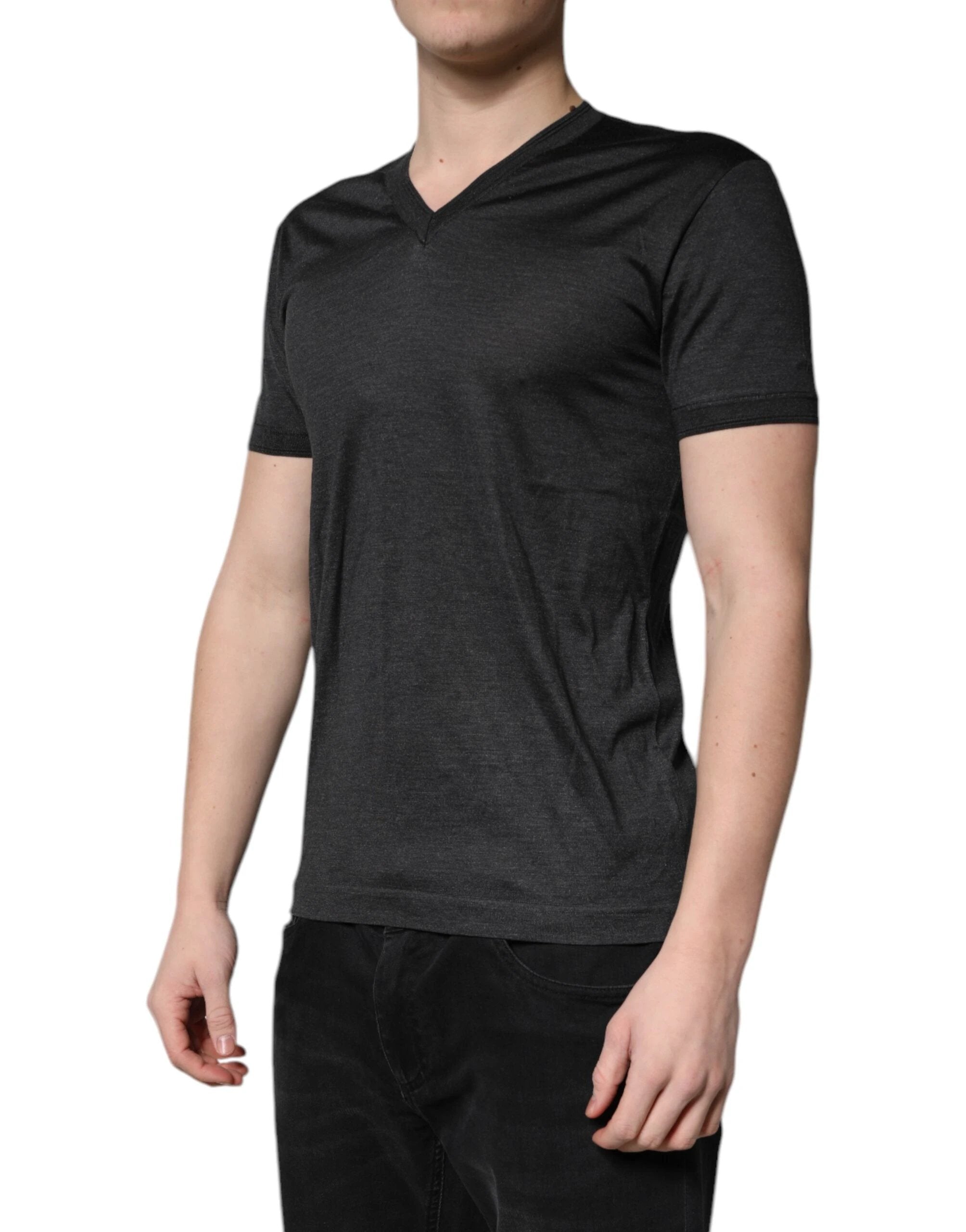 Dolce & Gabbana Dark Gray Silk V-neck Short Sleeves T-shirt by Dolce & Gabbana