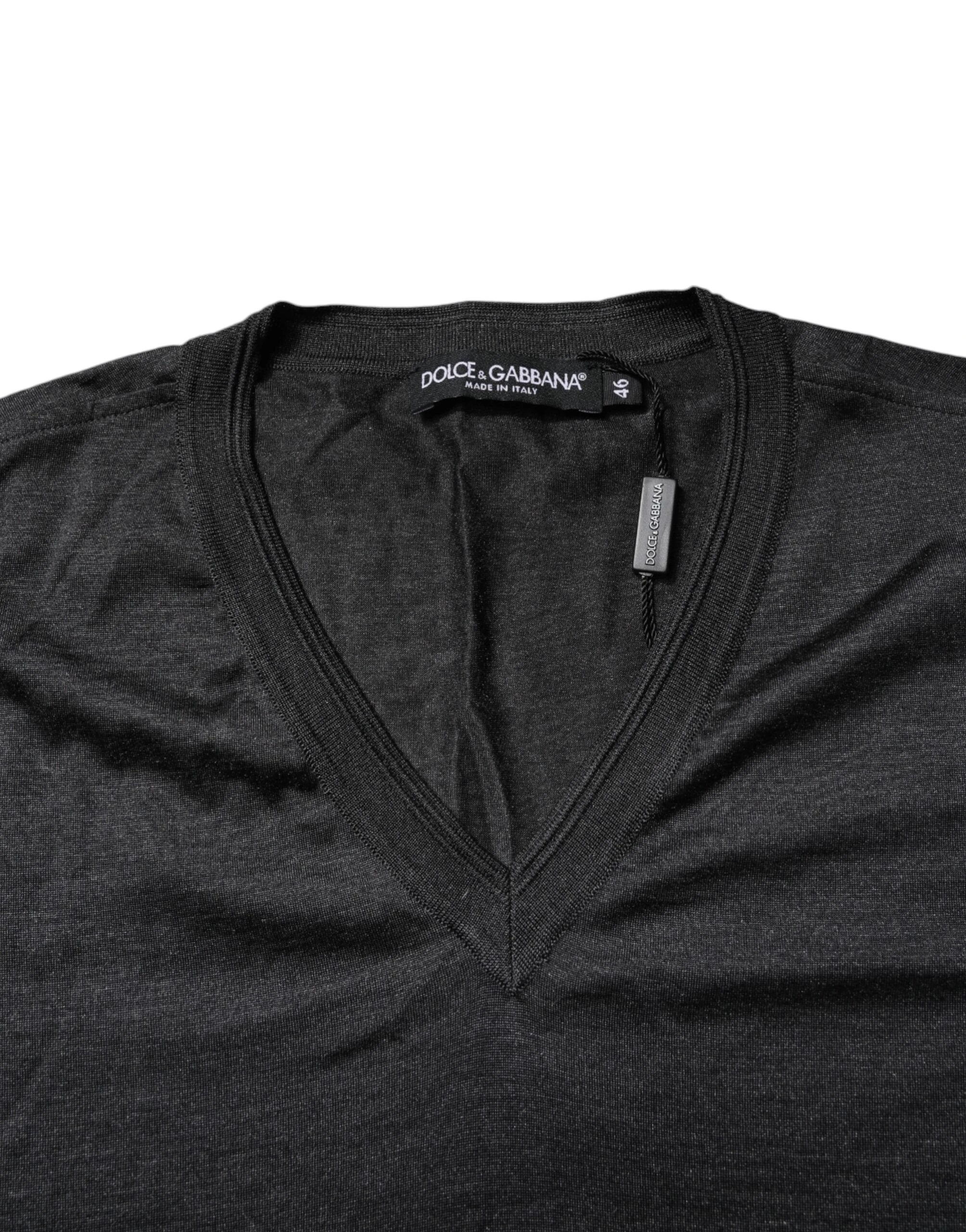 Dolce & Gabbana Dark Gray Silk V-neck Short Sleeves T-shirt by Dolce & Gabbana