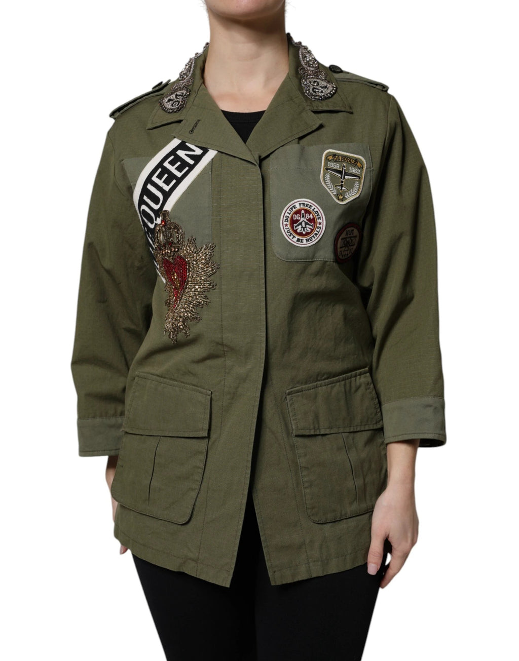 Dolce & Gabbana Military Green Queen Embellished Coat Jacket by Dolce & Gabbana