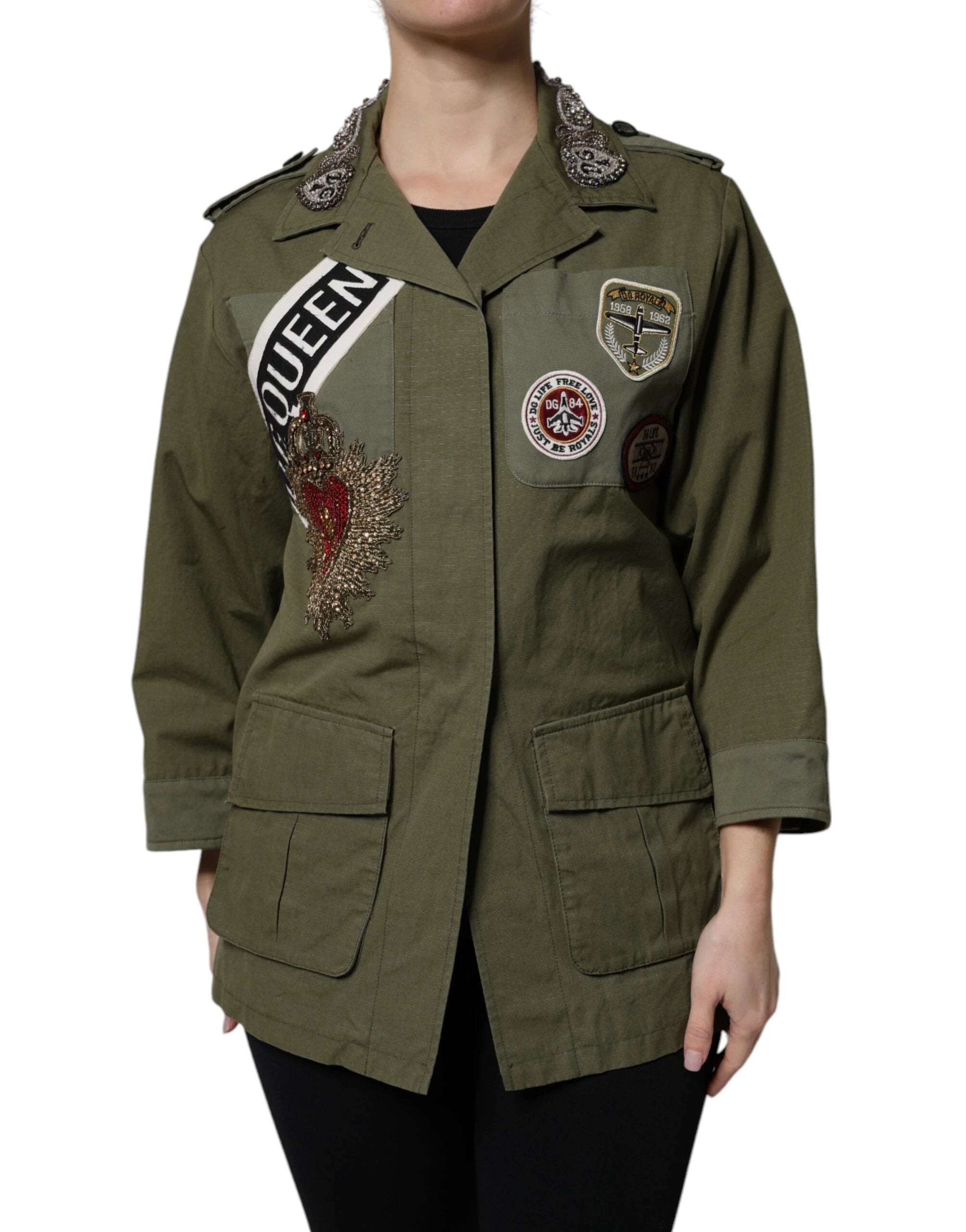 Dolce & Gabbana Military Green Queen Embellished Coat Jacket by Dolce & Gabbana