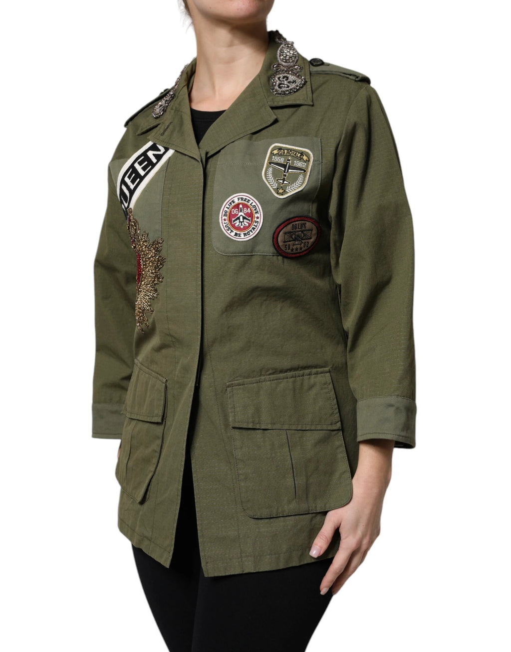 Dolce & Gabbana Military Green Queen Embellished Coat Jacket by Dolce & Gabbana